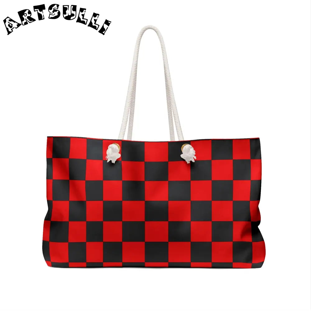 JAKKOUTTHEBXX Checkerboard Red and Black Weekender Bag JAKKOUTTHEBXX
