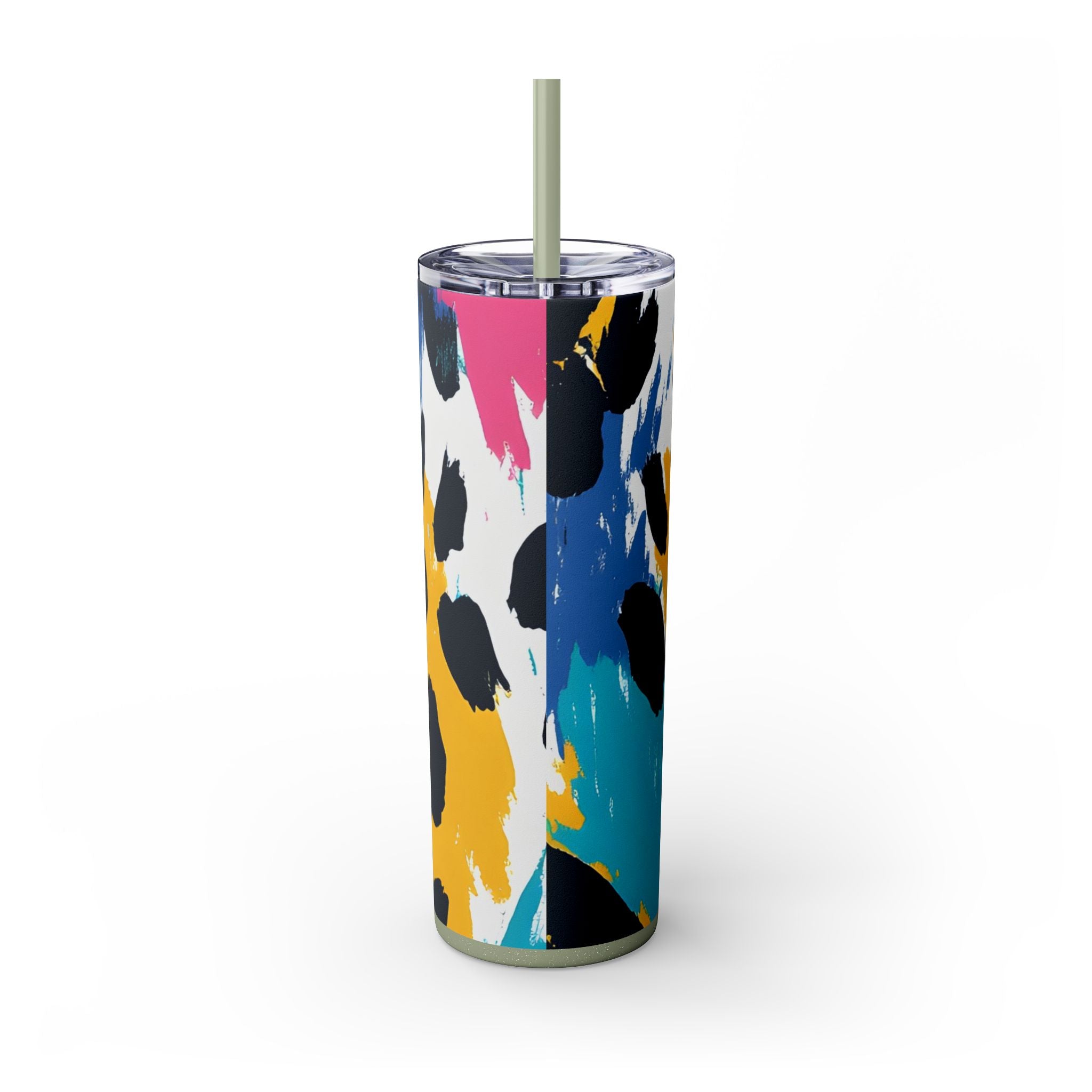 Leopard Print x Paint Brush Strokes Multi-Color Skinny Tumbler with Straw, 20oz, Artsulli - Art is Long, Life is Short, Mug, , , , , , , 