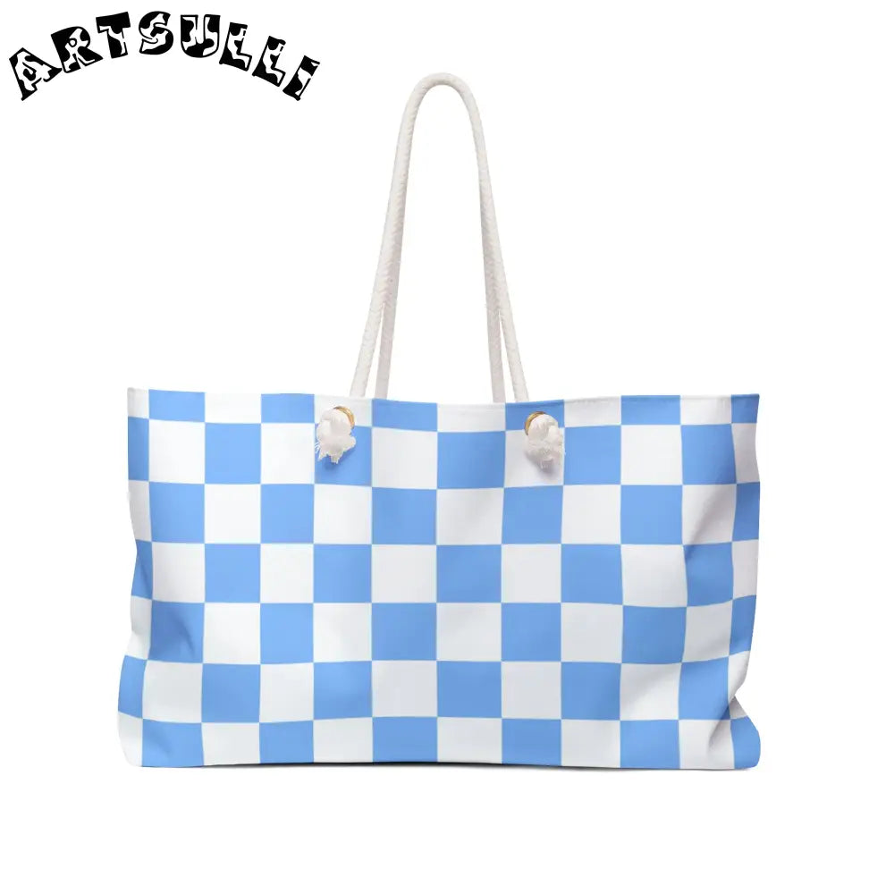 JAKKOUTTHEBXX Checkerboard White and Light Blue Weekender Bag