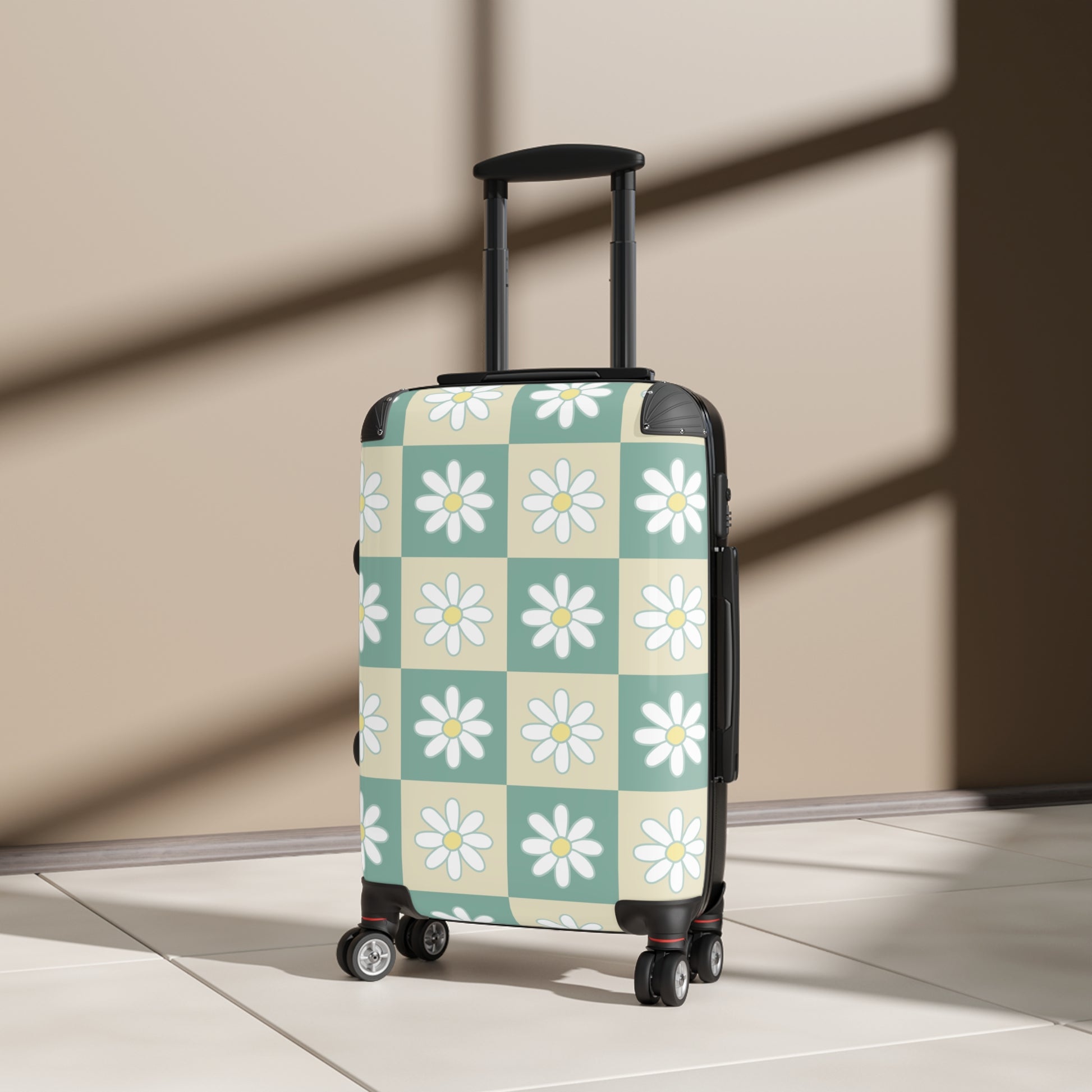 Retro Daisy Checkerboard Green and Tan Suitcase, Artsulli - Art is Long, Life is Short, Bags, , , , , , , 