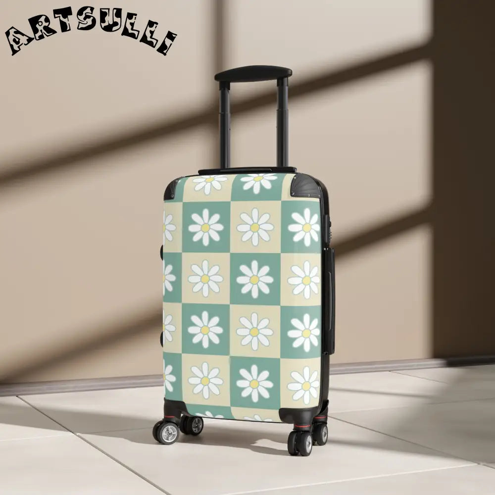 JAKKOUTTHEBXX Retro Daisy Checkerboard Green and Tan Suitcase