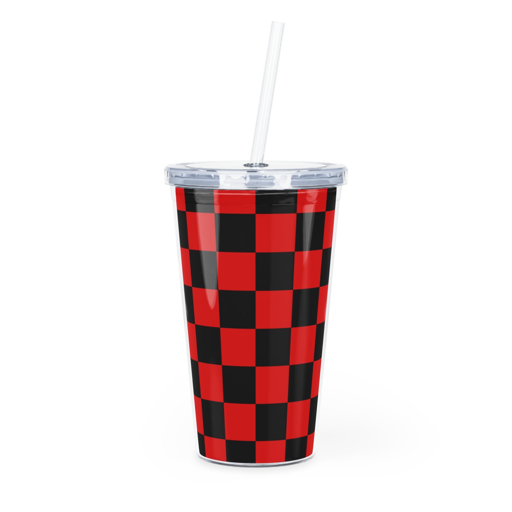 Checkerboard Red and Black Plastic Tumbler with Straw, Artsulli - Art is Long, Life is Short, Mug, Size, 20oz, Color, Transparent, , , 99310512025836492810