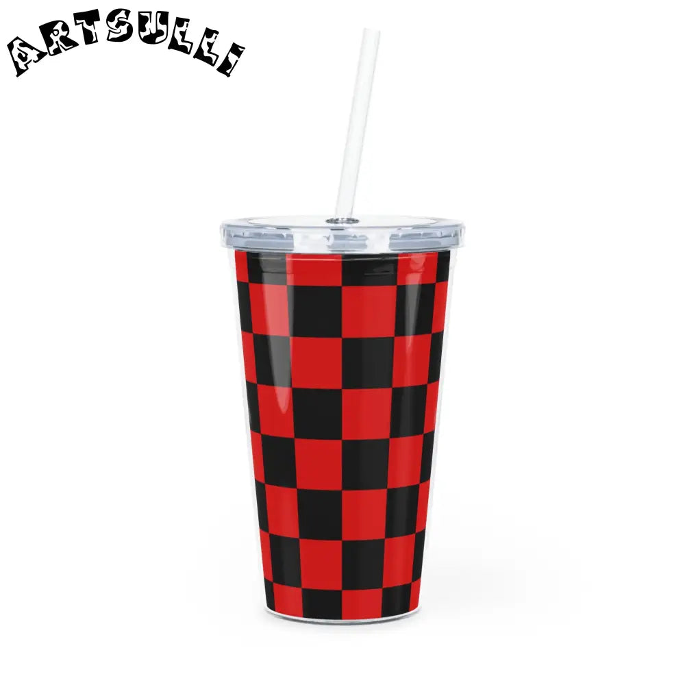 JAKKOUTTHEBXX Checkerboard Red and Black Plastic Tumbler with Straw