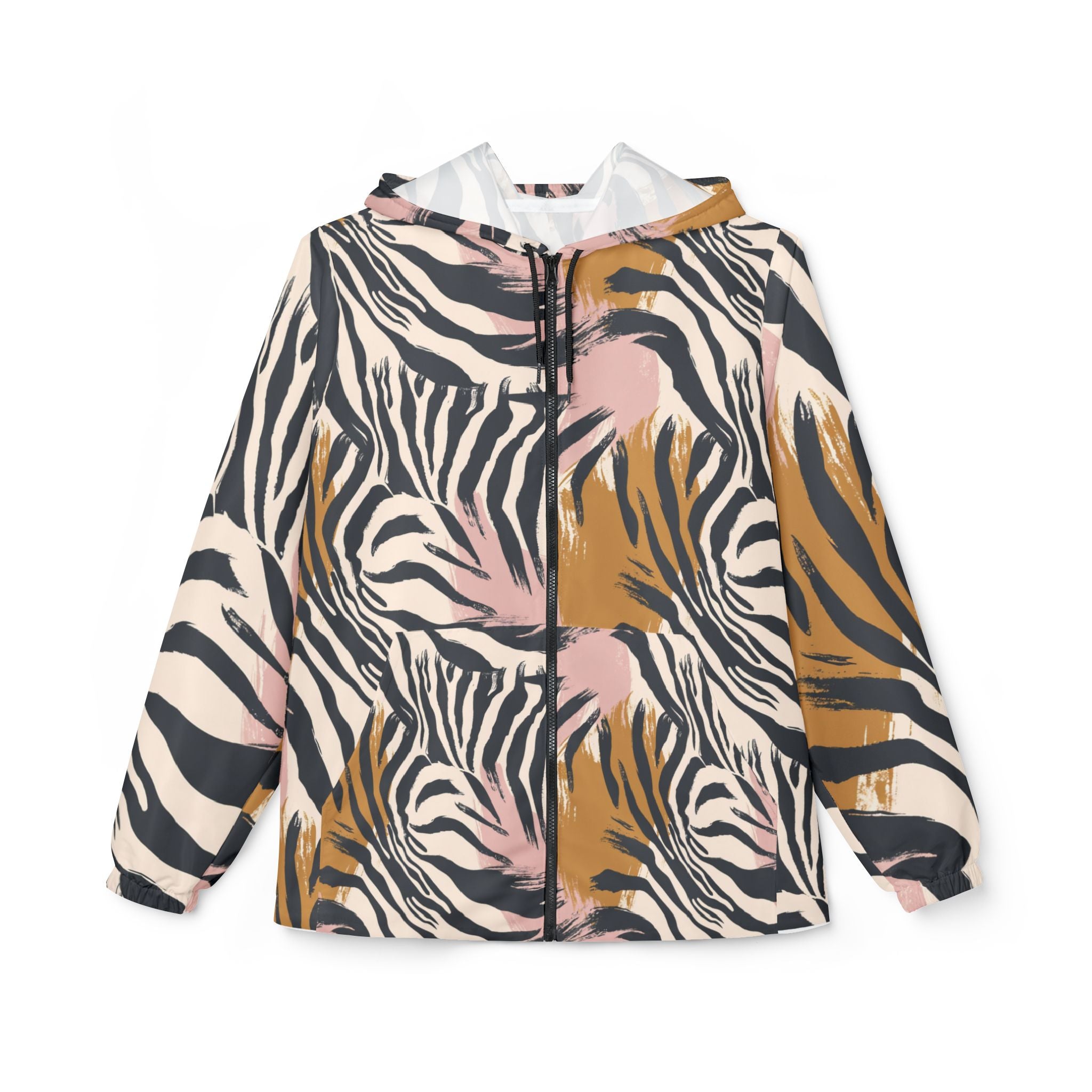 Beige Zebra Jungle Flats Windbreaker Jacket (AOP), Artsulli - Art is Long, Life is Short, Outerwear, Size, XS, , , , , 78147897083511