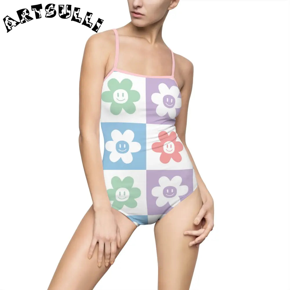 JAKKOUTTHEBXX Smiling Flower Checkerboard One-Piece Swimsuit 2025