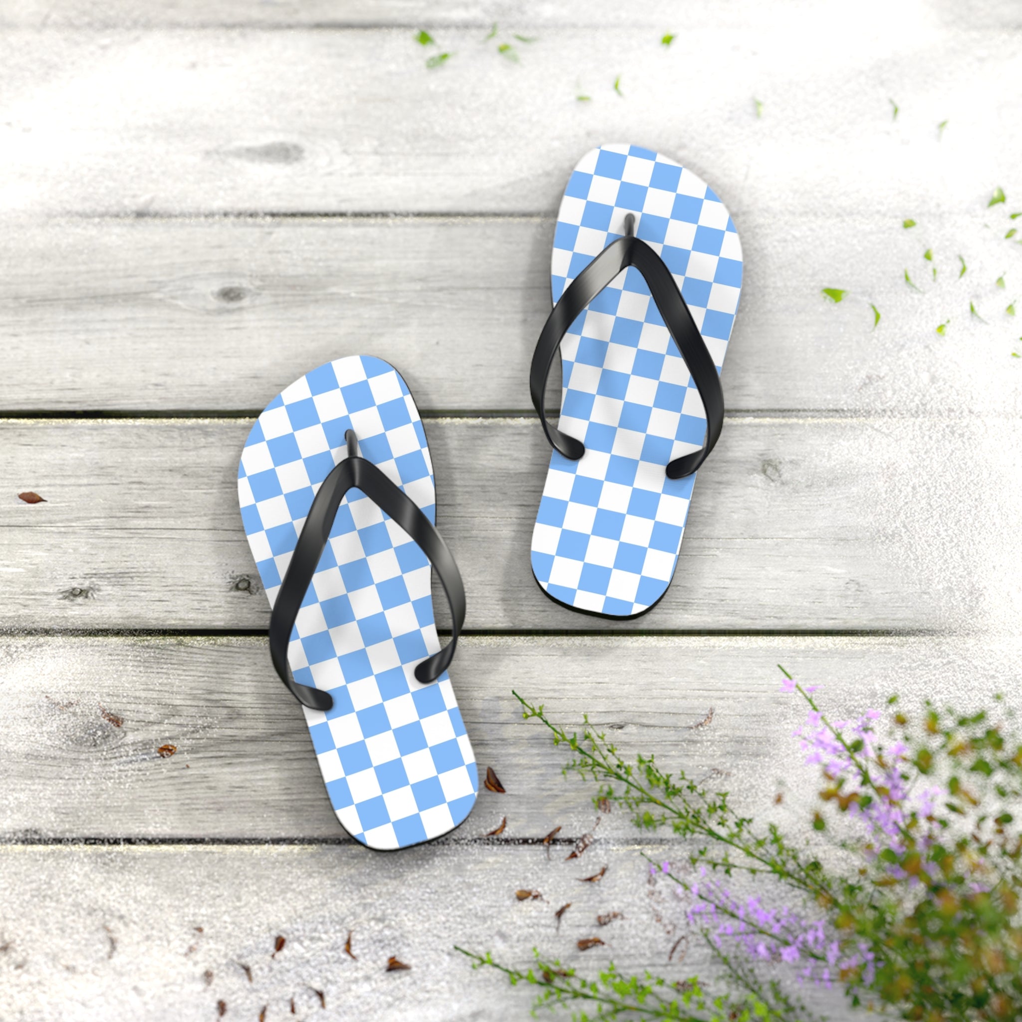 Checkerboard White and Light Blue Flip Flops, Artsulli - Art is Long, Life is Short, Shoes, , , , , , , 