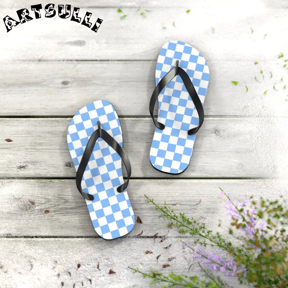JAKKOUTTHEBXX Checkerboard White and Light Blue Flip Flops