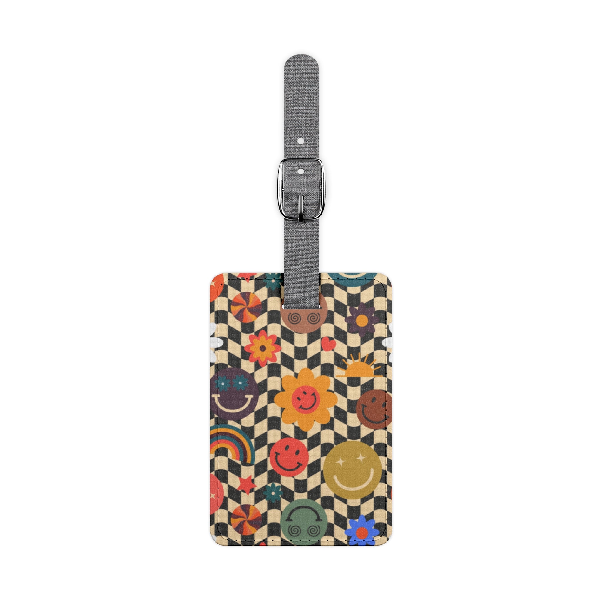Trippy x Wavy Checkerboard x Smiley Face x Rainbow x Flowers Multi-Color Saffiano Polyester Luggage Tag, Rectangle, Artsulli - Art is Long, Life is Short, Accessories, Size, One size, Shape, Rectangle, , , 28064128605593560242