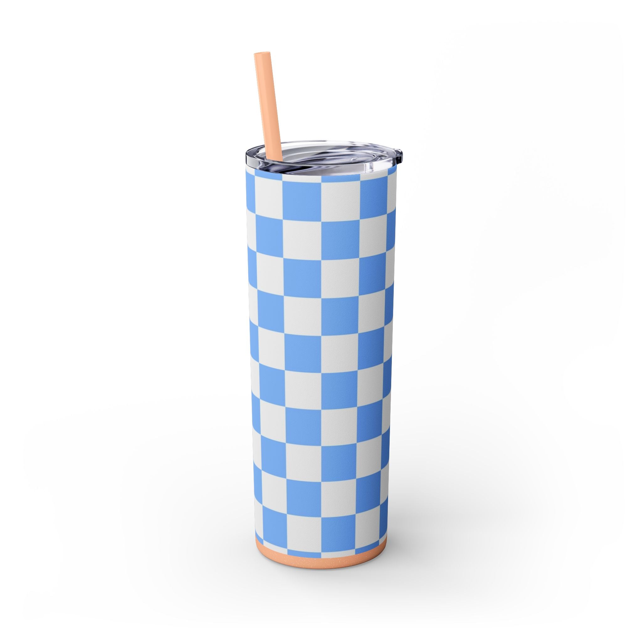 Checkerboard White and Light Blue Skinny Tumbler with Straw, 20oz, Artsulli - Art is Long, Life is Short, Mug, , , , , , , 