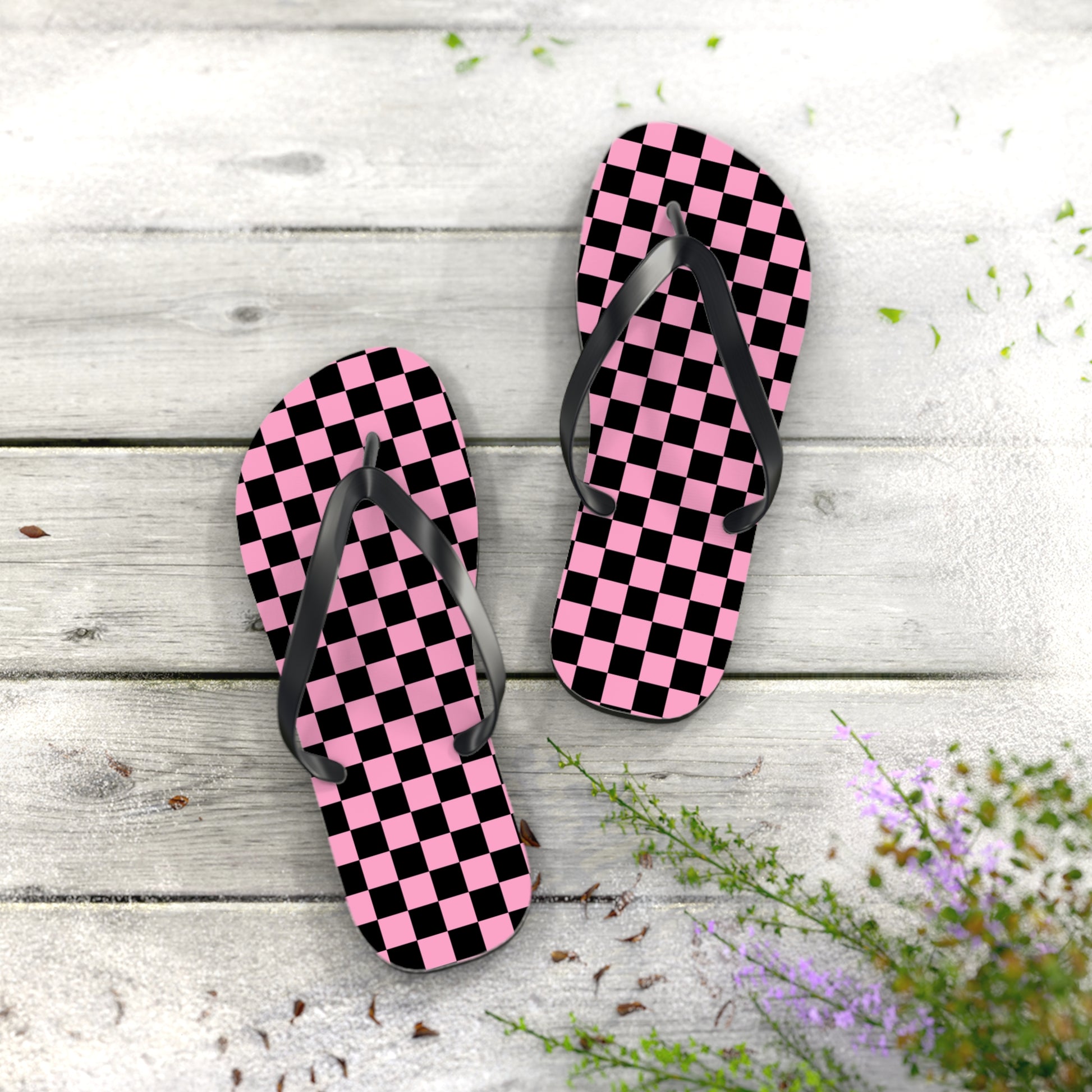 Checkerboard Black and Pink Flip Flops, Artsulli - Art is Long, Life is Short, Shoes, , , , , , , 