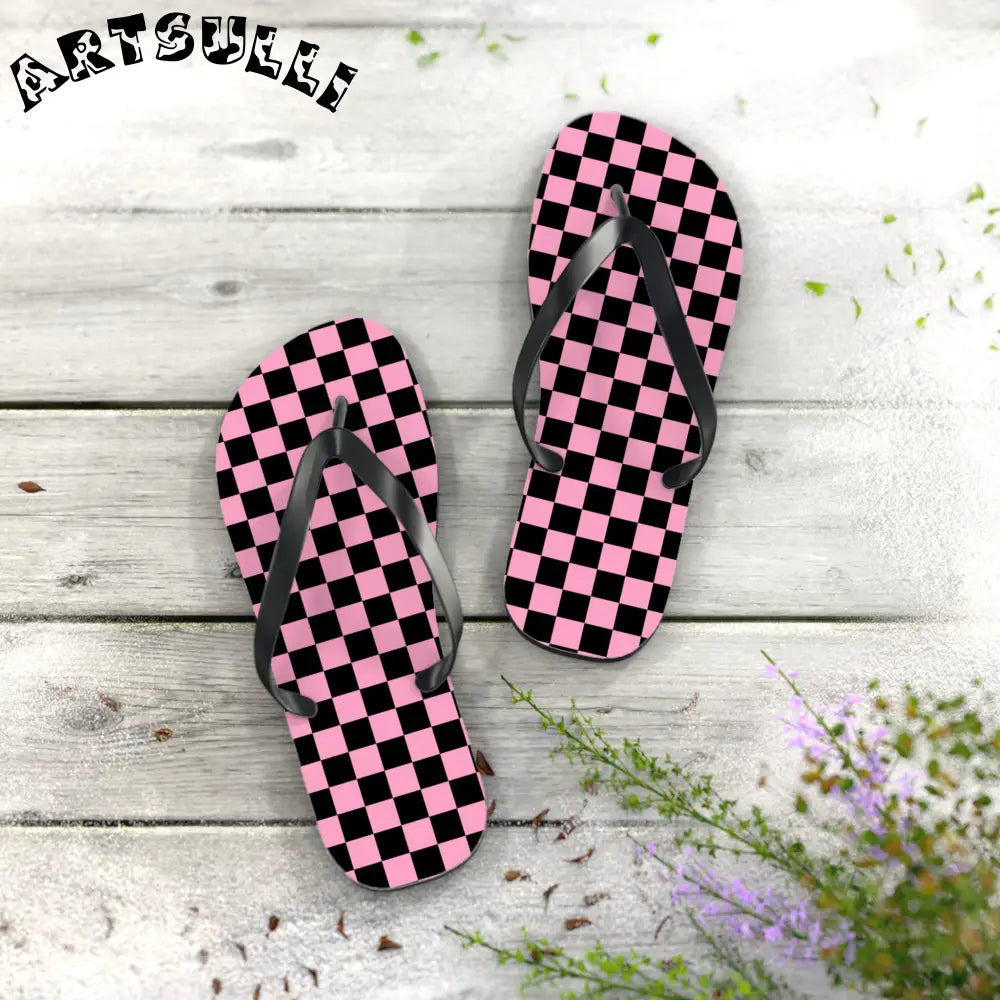 JAKKOUTTHEBXX Checkerboard Black and Pink Flip Flops JAKKOUTTHEBXX