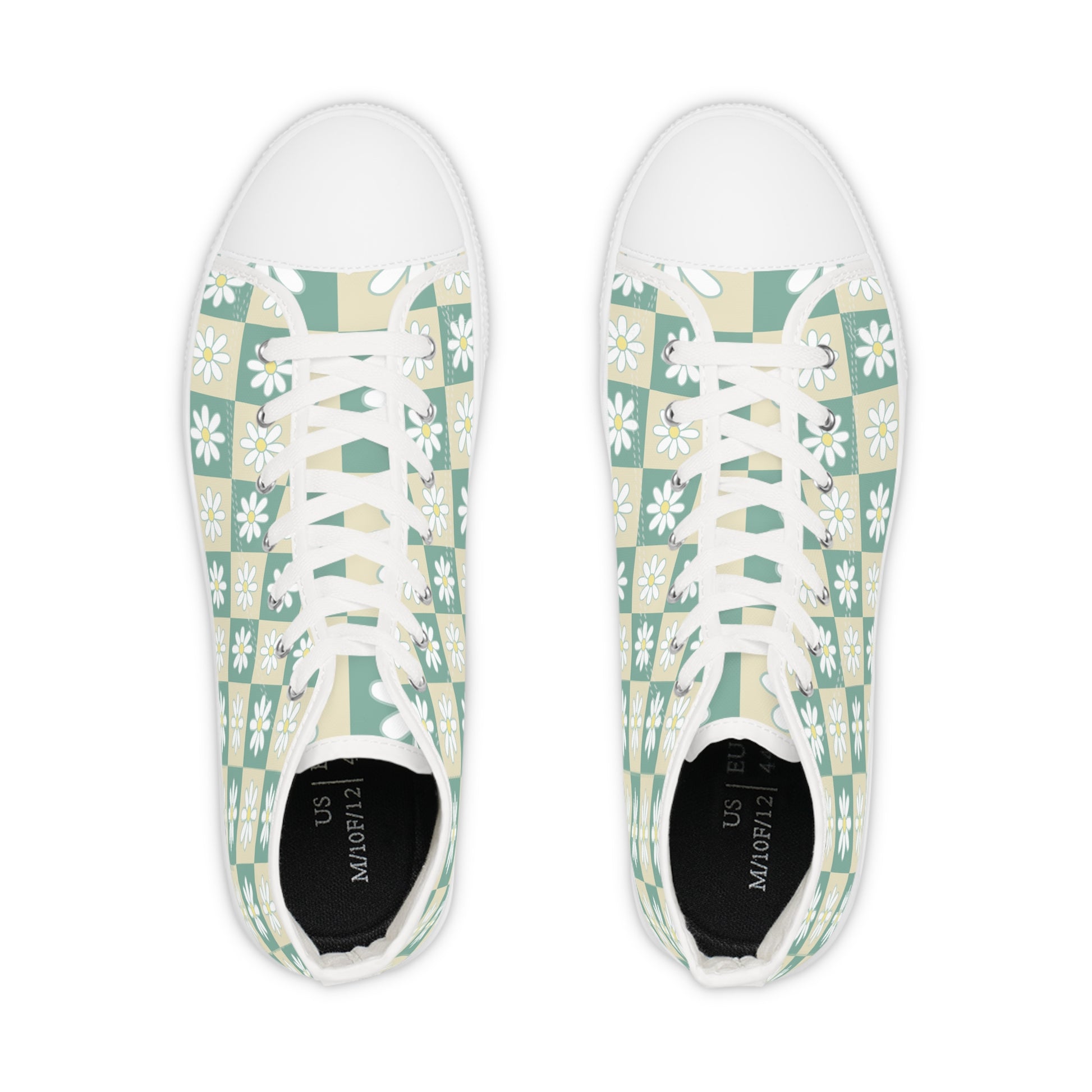 Retro Daisy Checkerboard Green and Tan Men's High Top Sneakers, Artsulli - Art is Long, Life is Short, Shoes, , , , , , , 