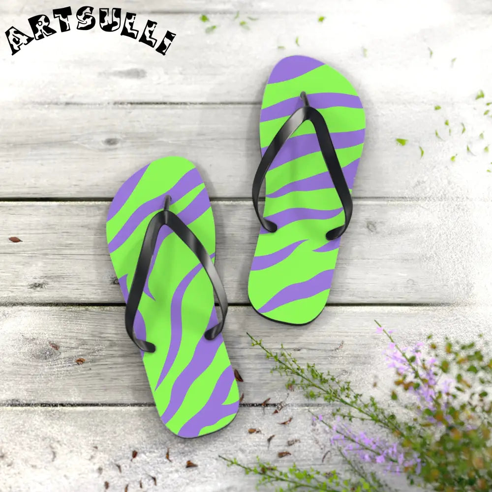 JAKKOUTTHEBXX Tyrannosaurus Print Green and Purple Flip Flops