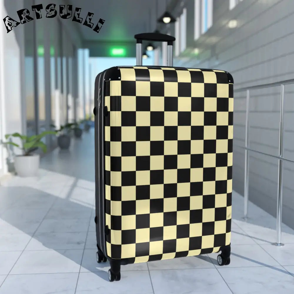 JAKKOUTTHEBXX Checkerboard Black and Yellow Suitcase JAKKOUTTHEBXX