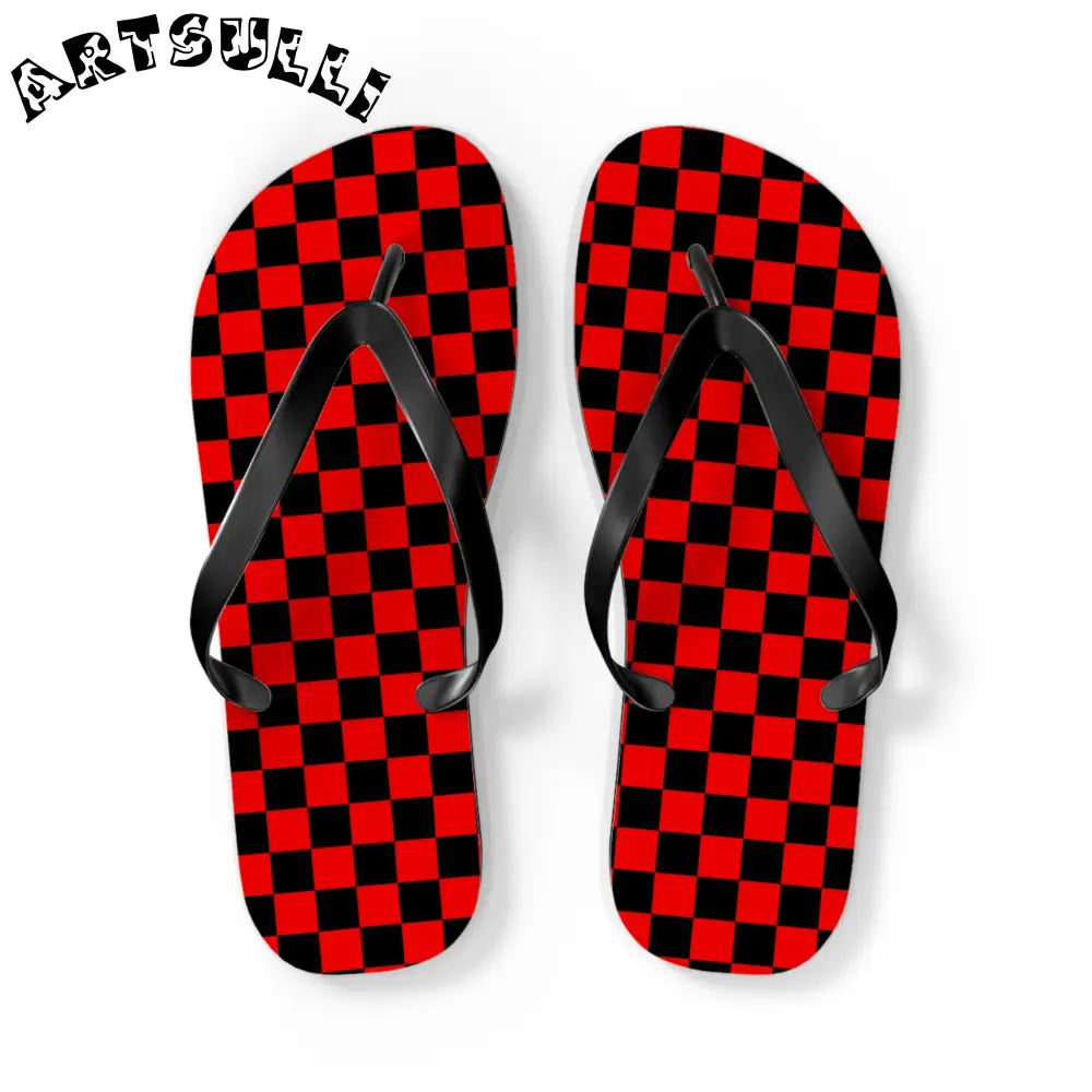 JAKKOUTTHEBXX Checkerboard Red and Black Flip Flops JAKKOUTTHEBXX