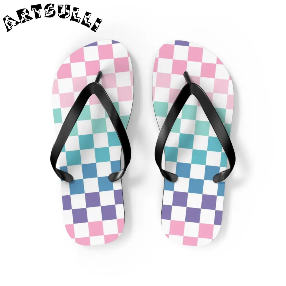 JAKKOUTTHEBXX Vaporwave Rainbow Checkerboard Multi-Color Flip Flops