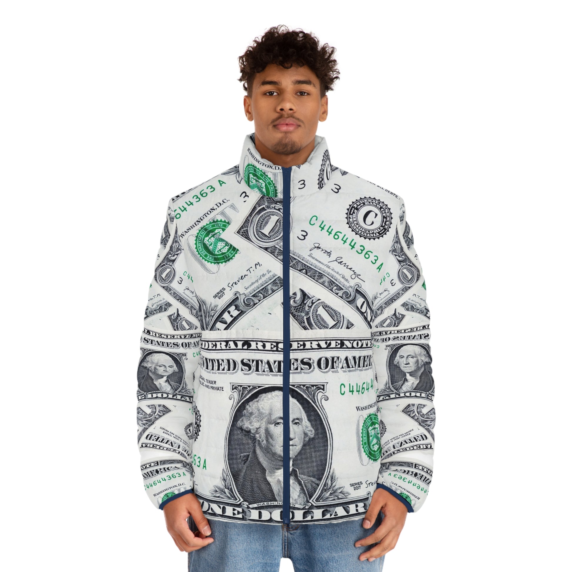 Money Collage Men's Puffer Jacket (AOP), Artsulli - Art is Long, Life is Short, All Over Prints, , , , , , , 