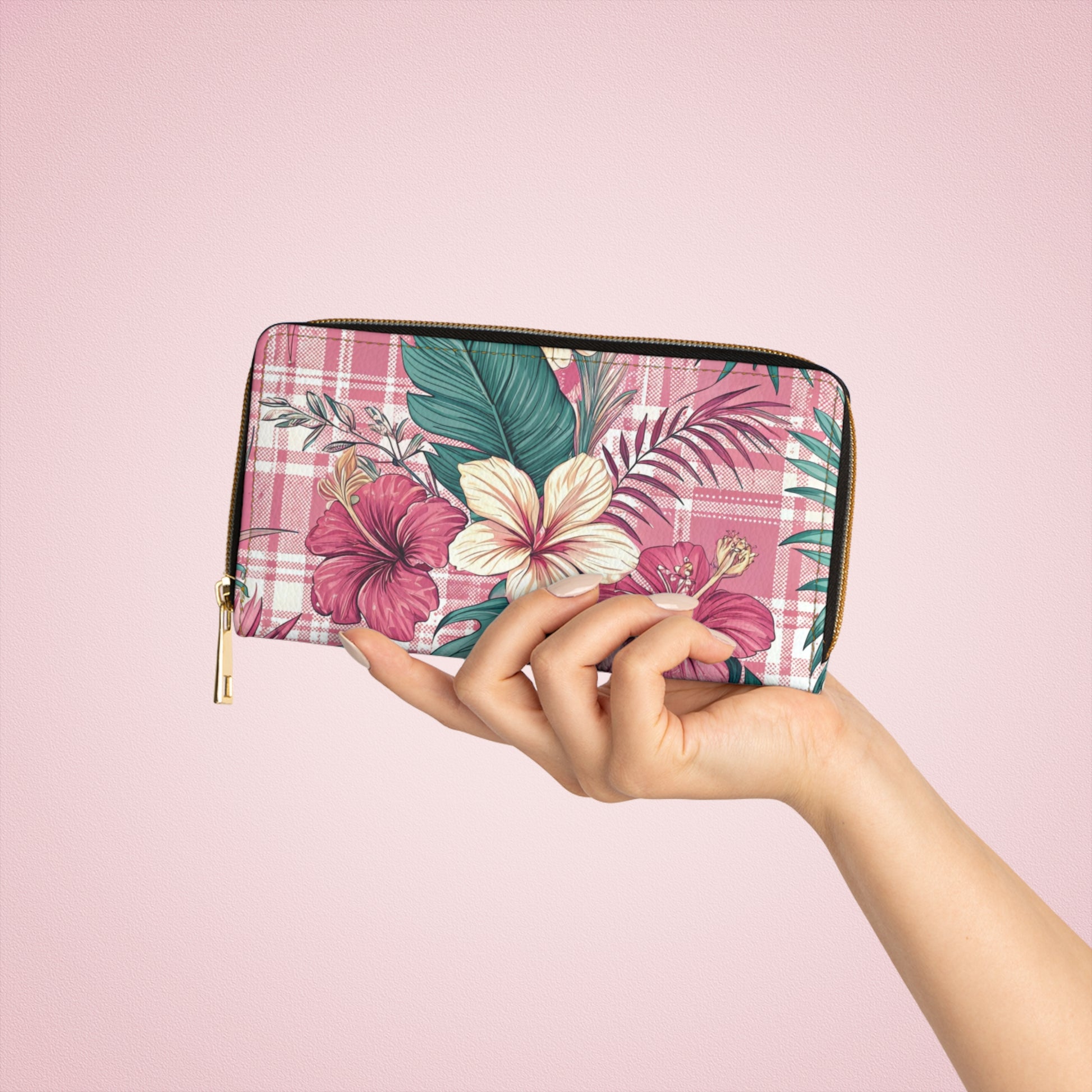 Plaid x Floral Burgundy and Green Zipper Wallet, Artsulli - Art is Long, Life is Short, Accessories, , , , , , , 