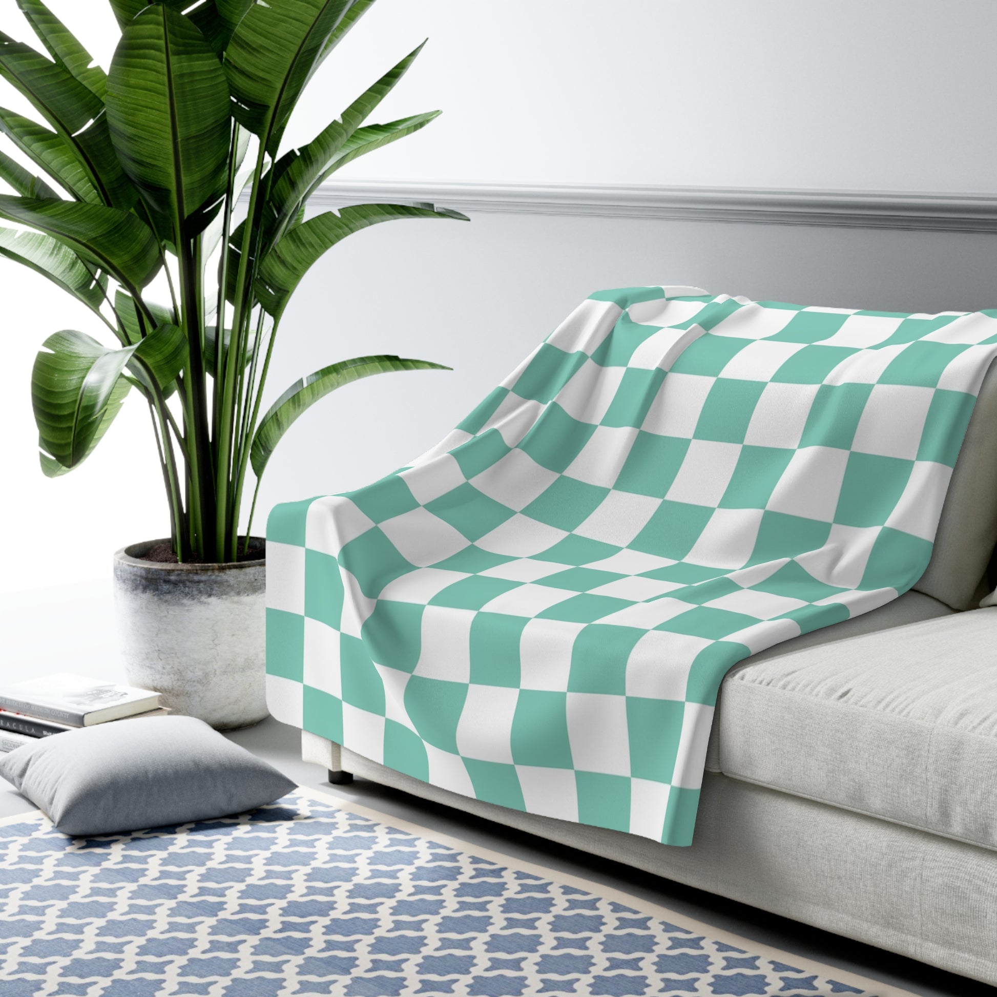 Checkerboard Light Green Sherpa Fleece Blanket, Artsulli - Art is Long, Life is Short, Home Decor, , , , , , , 