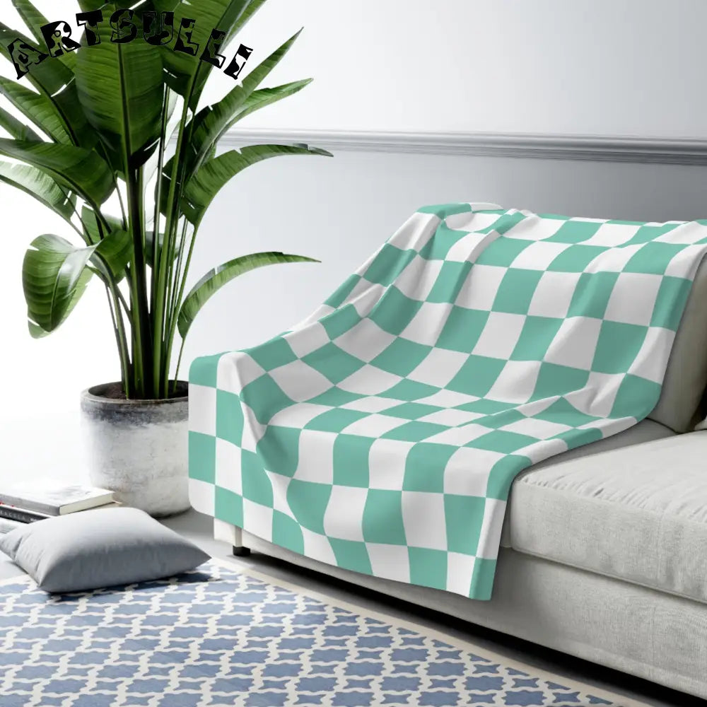 JAKKOUTTHEBXX Checkerboard Light Green Sherpa Fleece Blanket