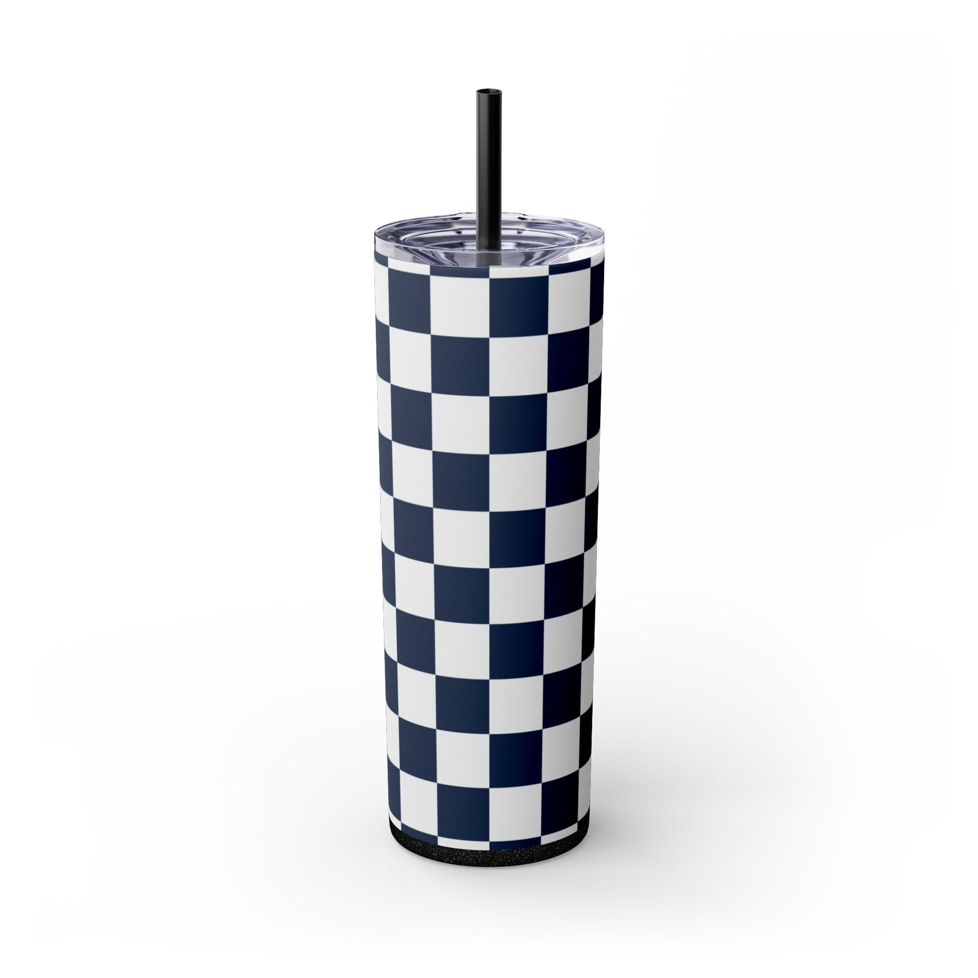 Checkerboard White and Navy Blue Skinny Tumbler with Straw, 20oz, Artsulli - Art is Long, Life is Short, Mug, Finish, Glossy, Color, Glitter Black, Size, 20oz, 86115085208294572026