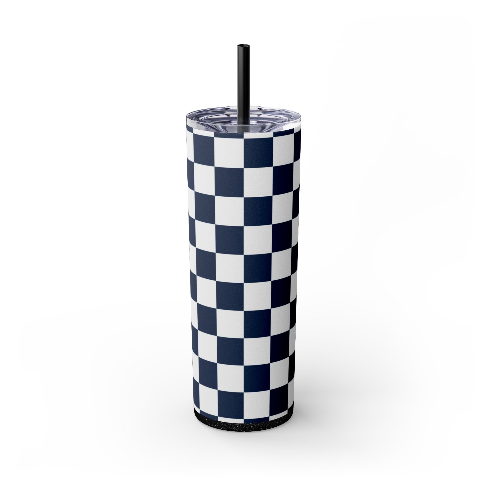 Checkerboard White and Navy Blue Skinny Tumbler with Straw, 20oz, Artsulli - Art is Long, Life is Short, Mug, Finish, Glossy, Color, Glitter Black, Size, 20oz, 86115085208294572026