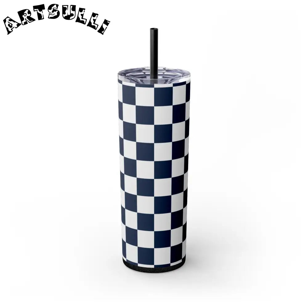 JAKKOUTTHEBXX Checkerboard White and Navy Blue Skinny Tumbler
