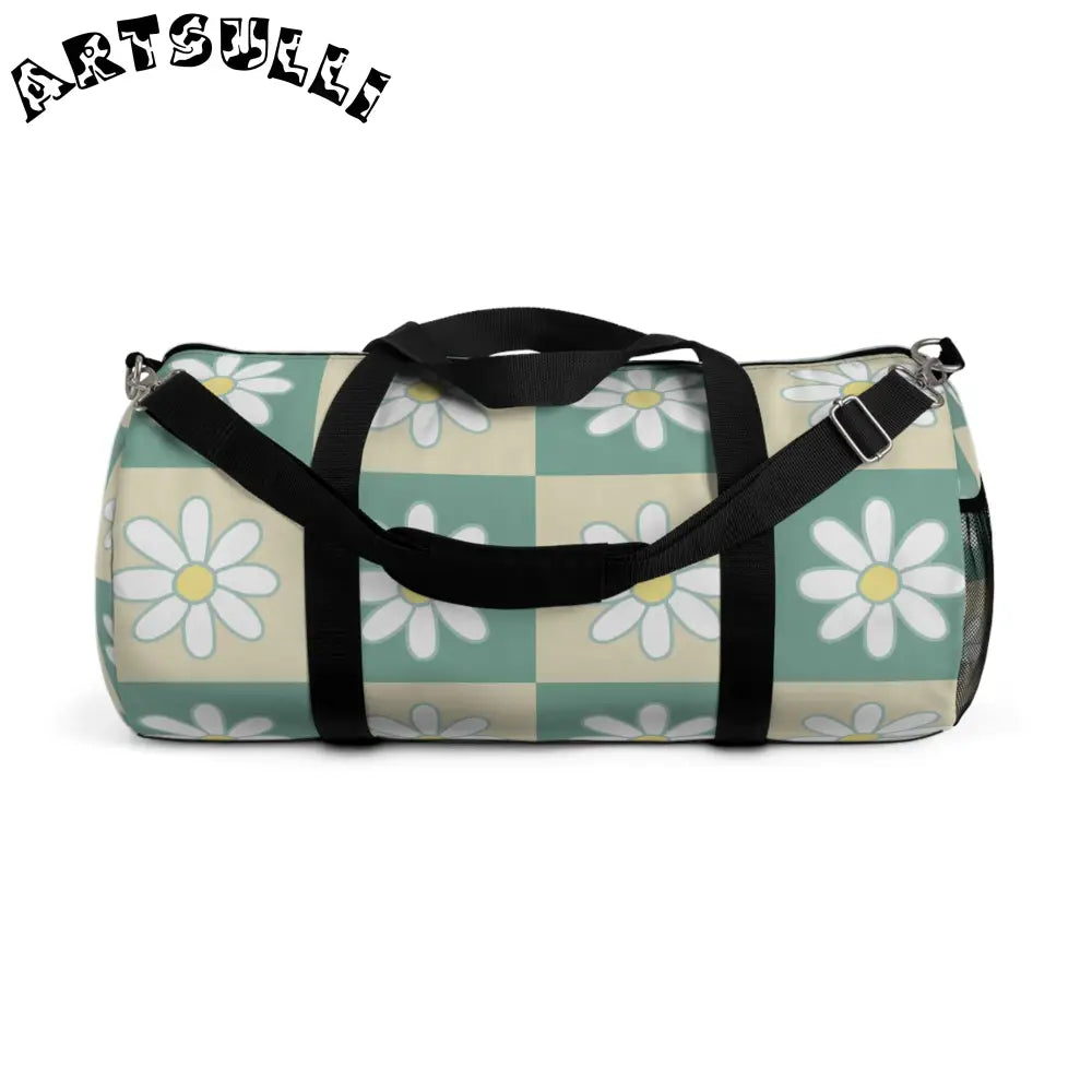 JAKKOUTTHEBXX Retro Daisy Checkerboard Green and Tan Duffel Bag