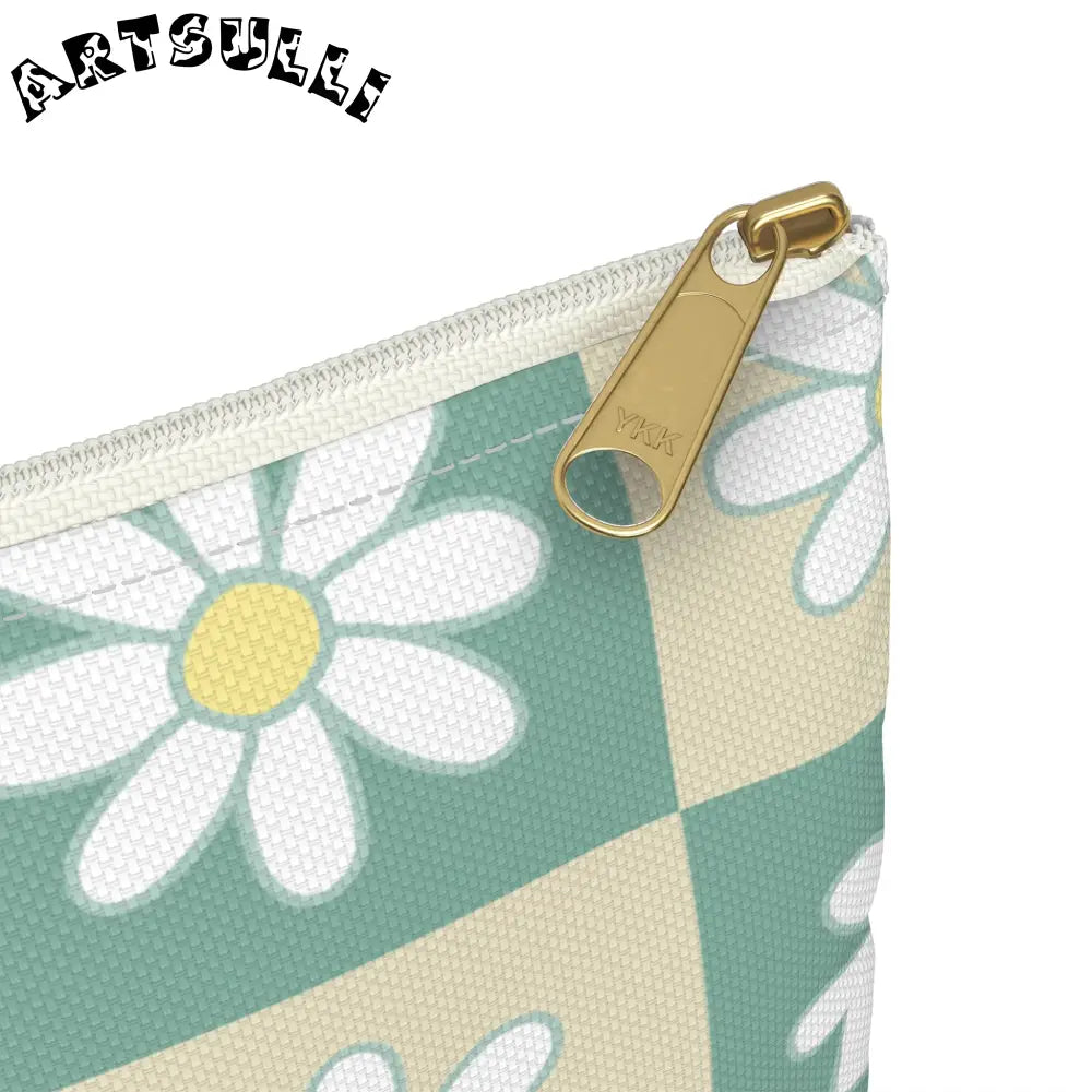 JAKKOUTTHEBXX Retro Daisy Checkerboard Green and Tan Accessory Pouch