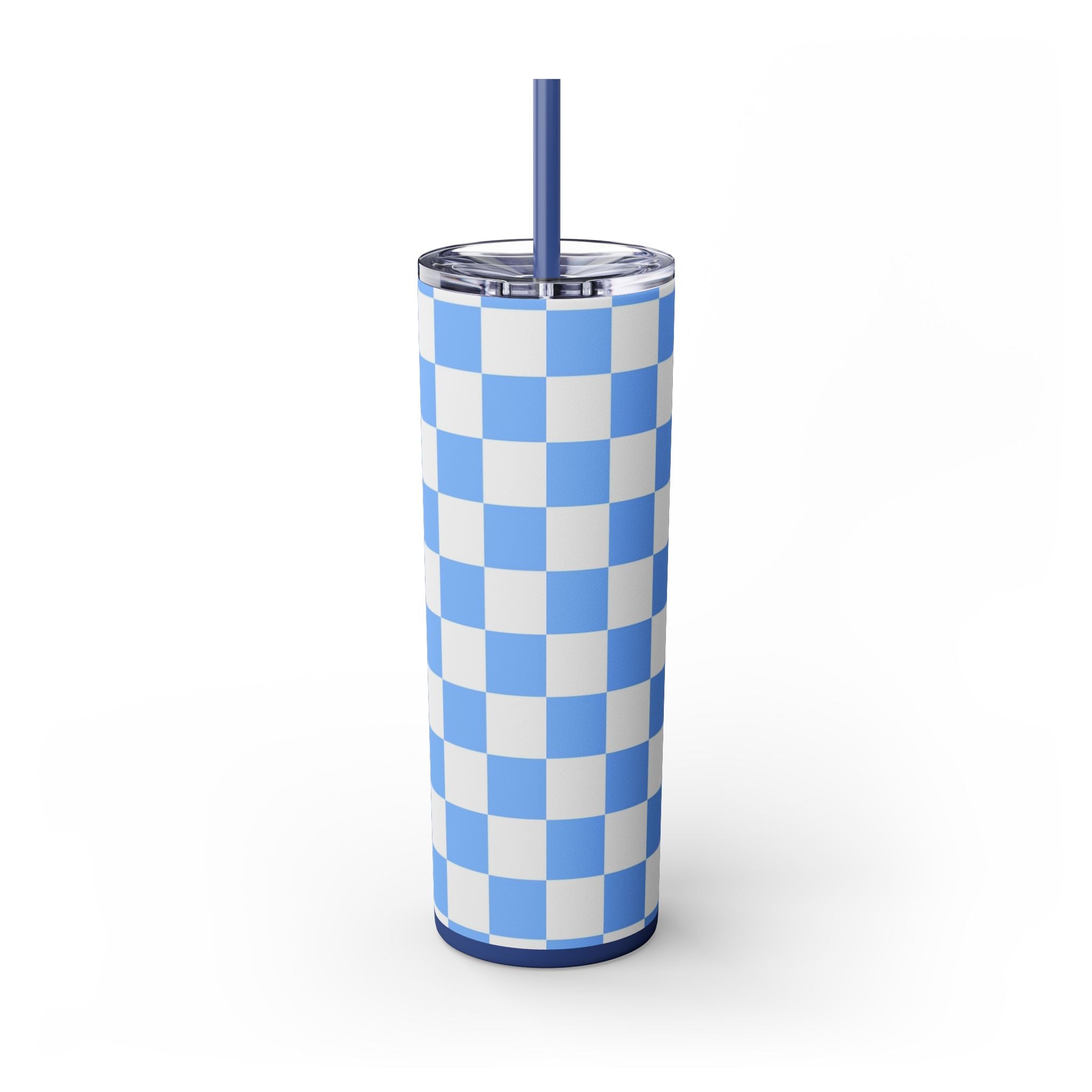 Checkerboard White and Light Blue Skinny Tumbler with Straw, 20oz, Artsulli - Art is Long, Life is Short, Mug, , , , , , , 