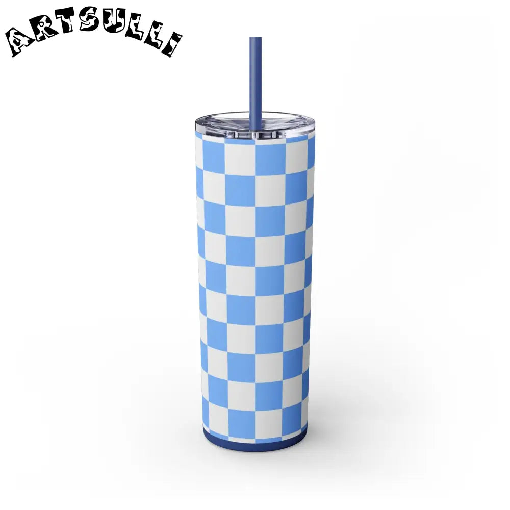 JAKKOUTTHEBXX Checkerboard White and Light Blue Skinny Tumbler