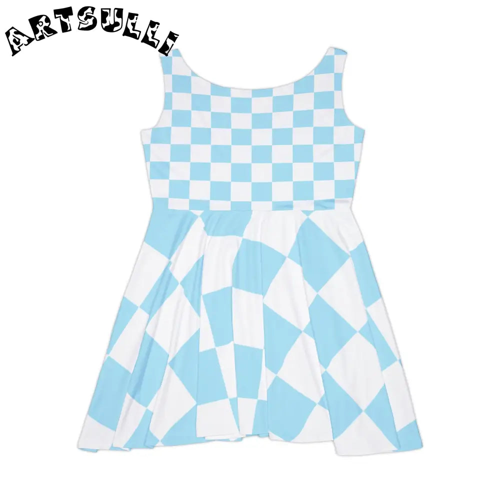 JAKKOUTTHEBXX Checkerboard Sky Blue Women’s Skater Dress (AOP)