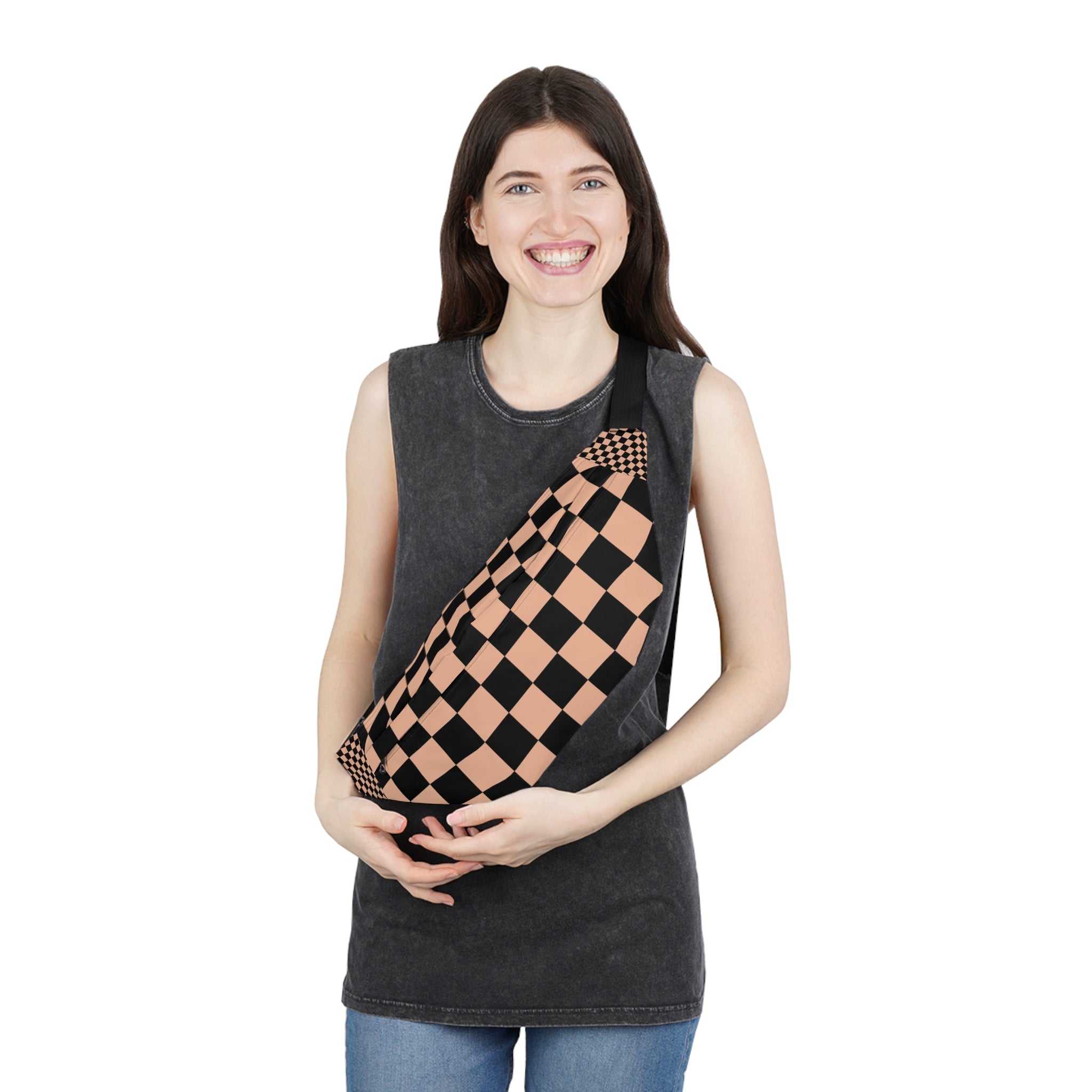 Checkerboard Soft Orange and Black Large Fanny Pack, Artsulli - Art is Long, Life is Short, Bags, , , , , , , 