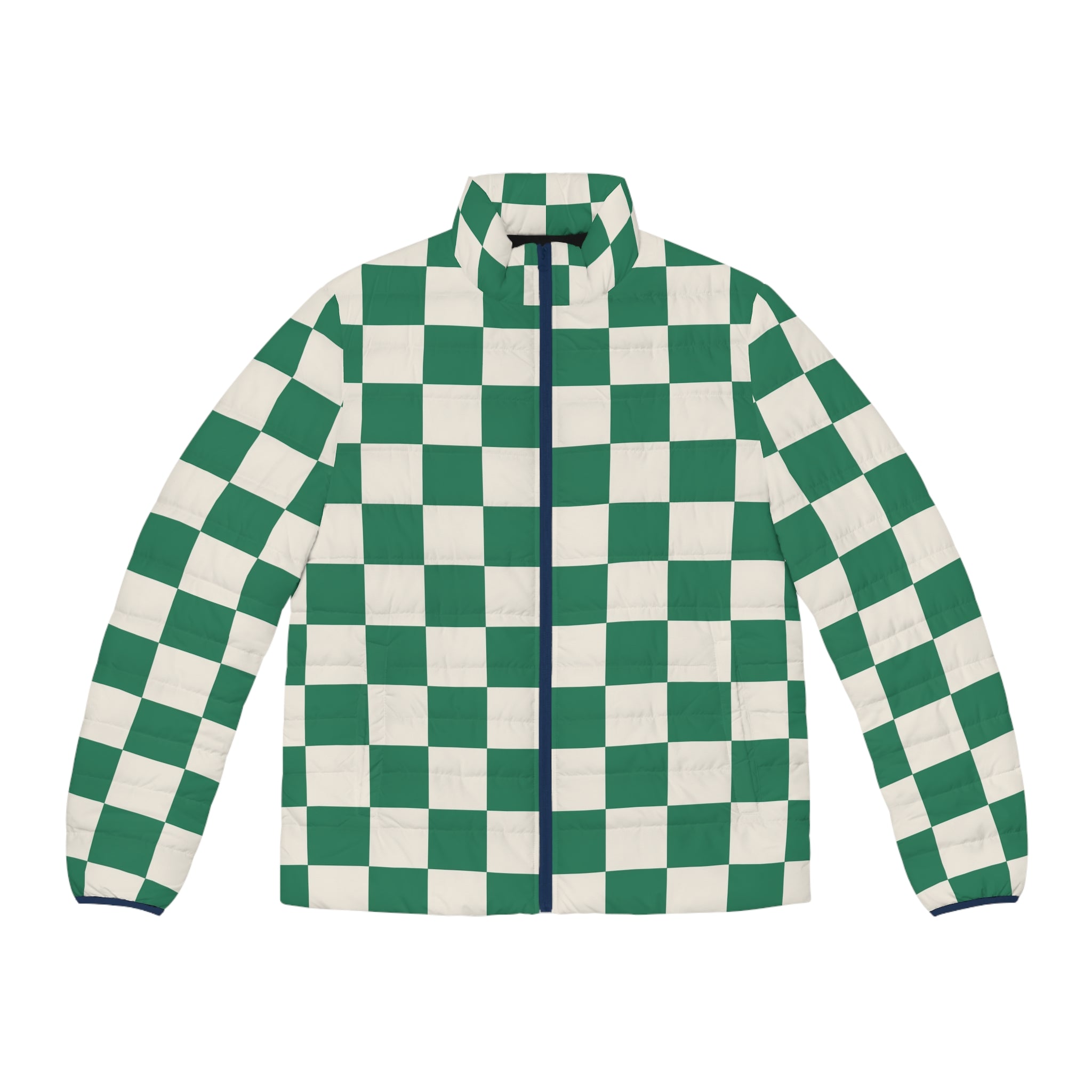 Checkerboard Dark Green Men's Puffer Jacket (AOP), Artsulli - Art is Long, Life is Short, All Over Prints, Size, S, Color, Dark blue zipper, , , 26536784821703117209