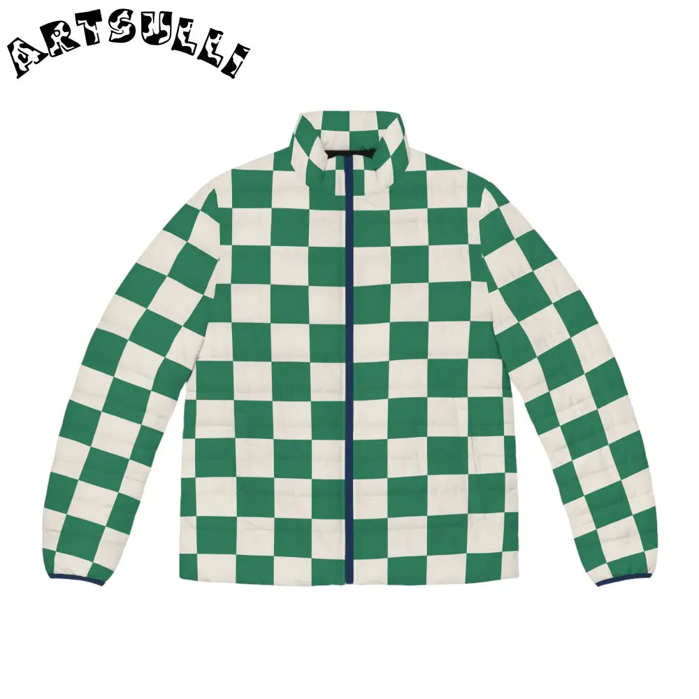 JAKKOUTTHEBXX Checkerboard Dark Green Men’s Puffer Jacket (AOP)