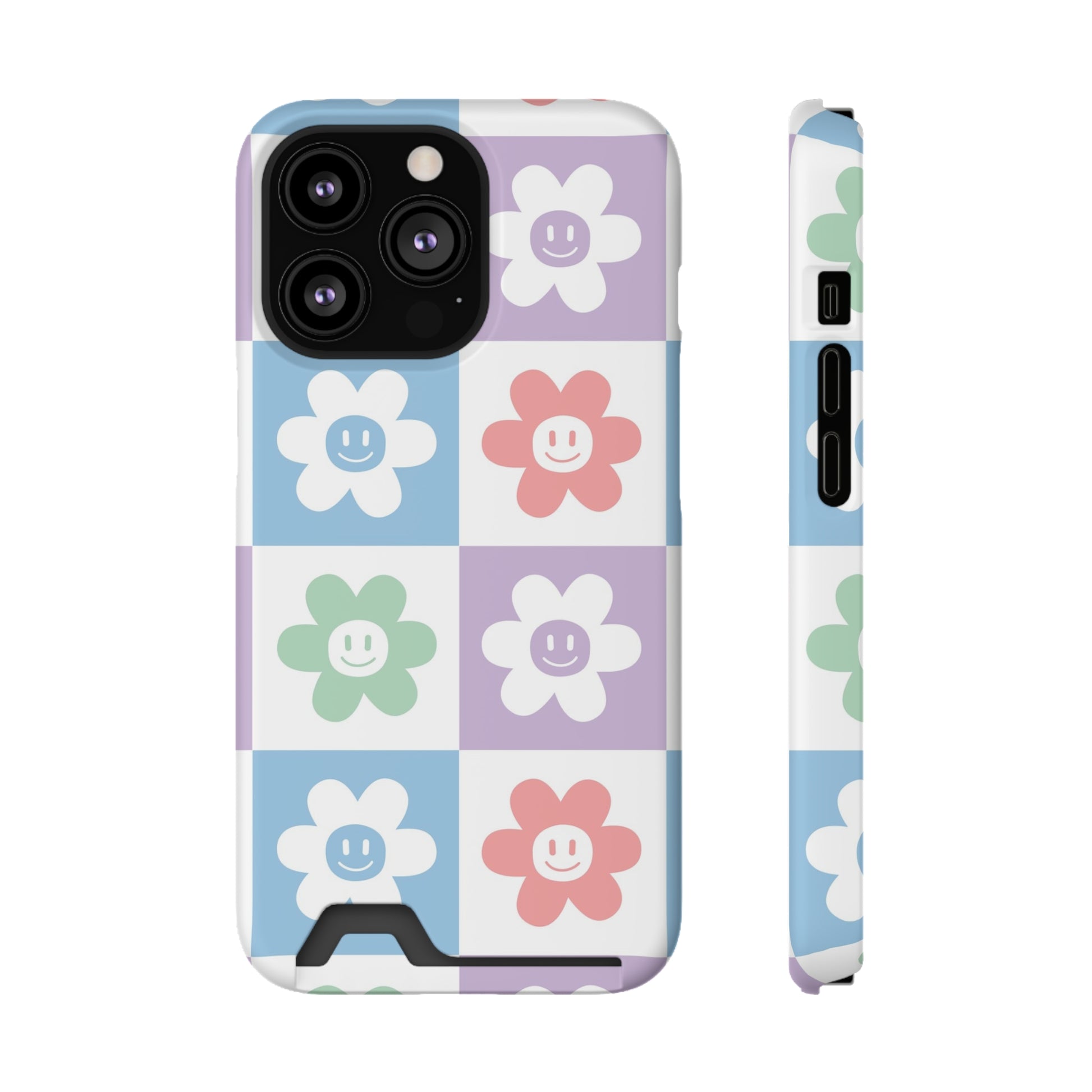 Chessboard x Smiley Face Flowers Multi-Color Phone Case With Card Holder, Artsulli - Art is Long, Life is Short, Phone Case, Size, iPhone 13 Pro, Surface, Matte, Shape, With gift packaging, 13631923350314571543