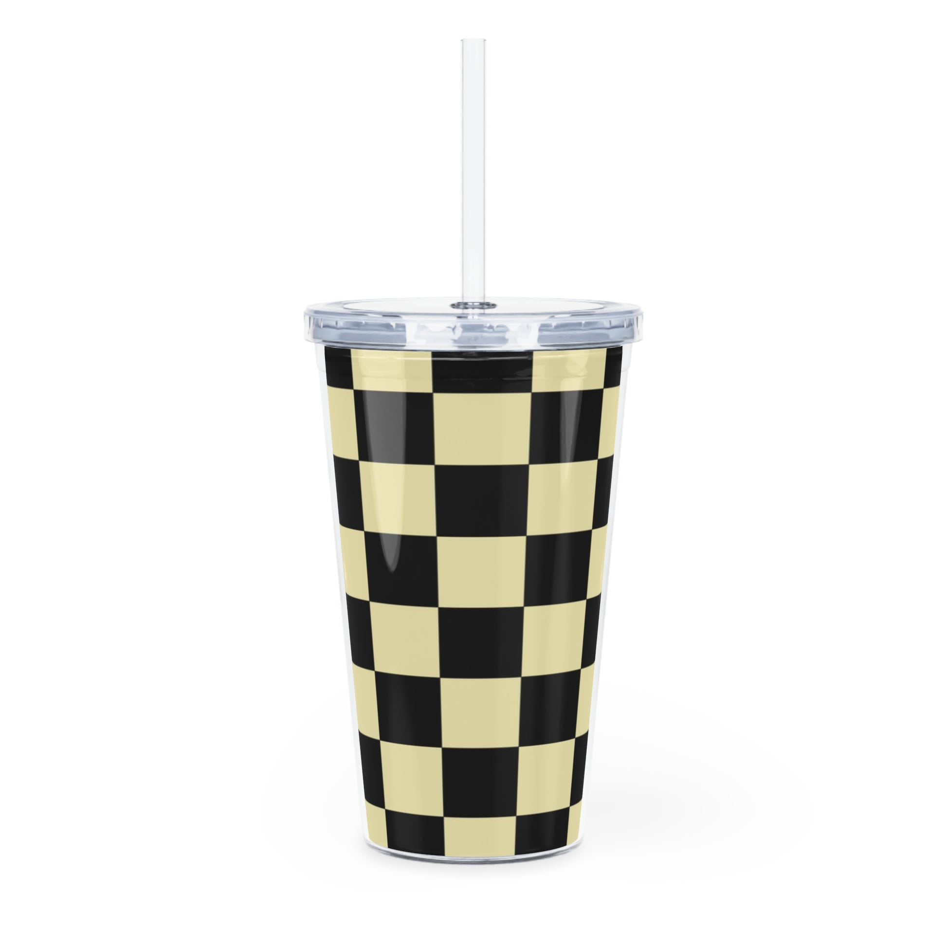 Checkerboard Black and Yellow Plastic Tumbler with Straw, Artsulli - Art is Long, Life is Short, Mug, , , , , , , 