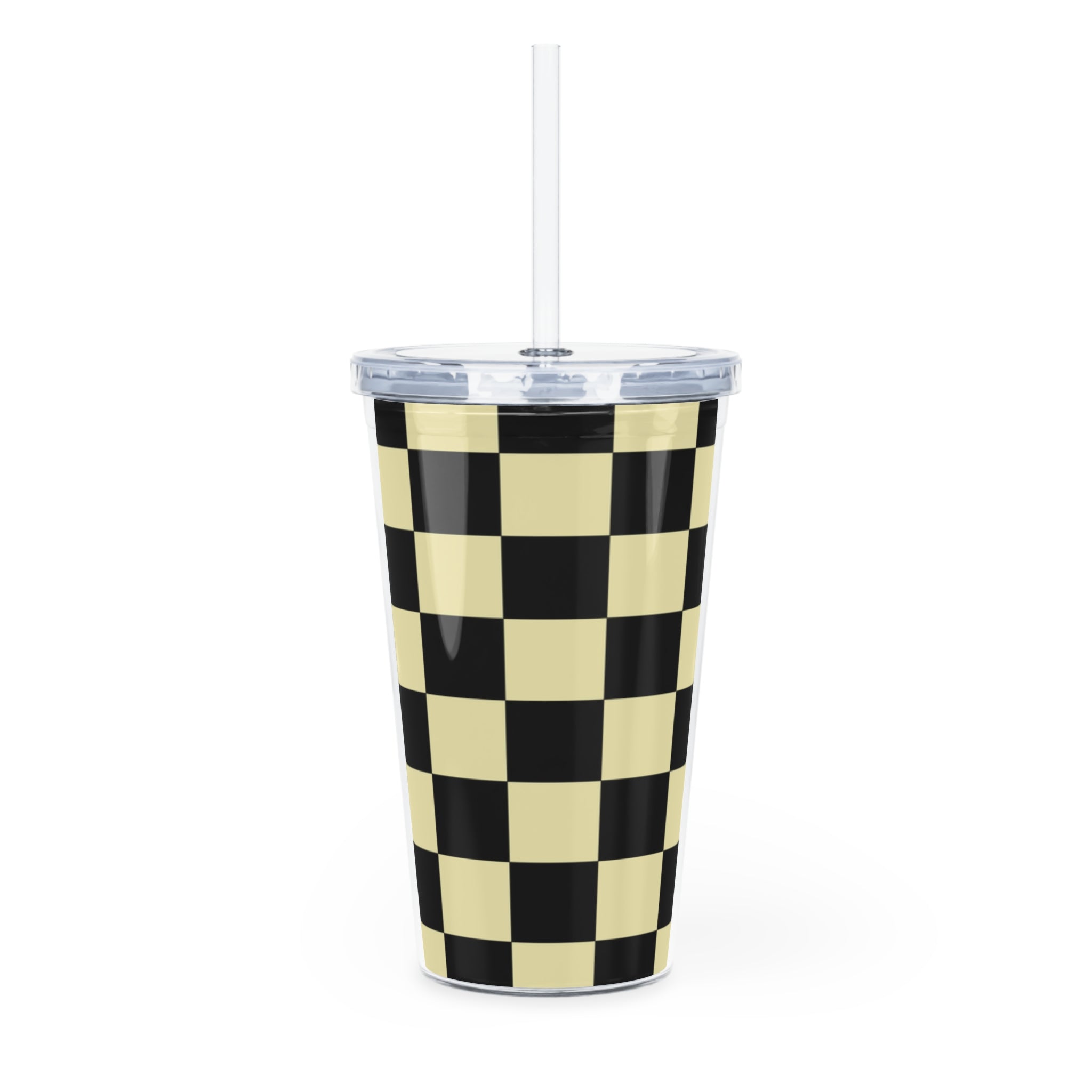 Checkerboard Black and Yellow Plastic Tumbler with Straw, Artsulli - Art is Long, Life is Short, Mug, , , , , , , 
