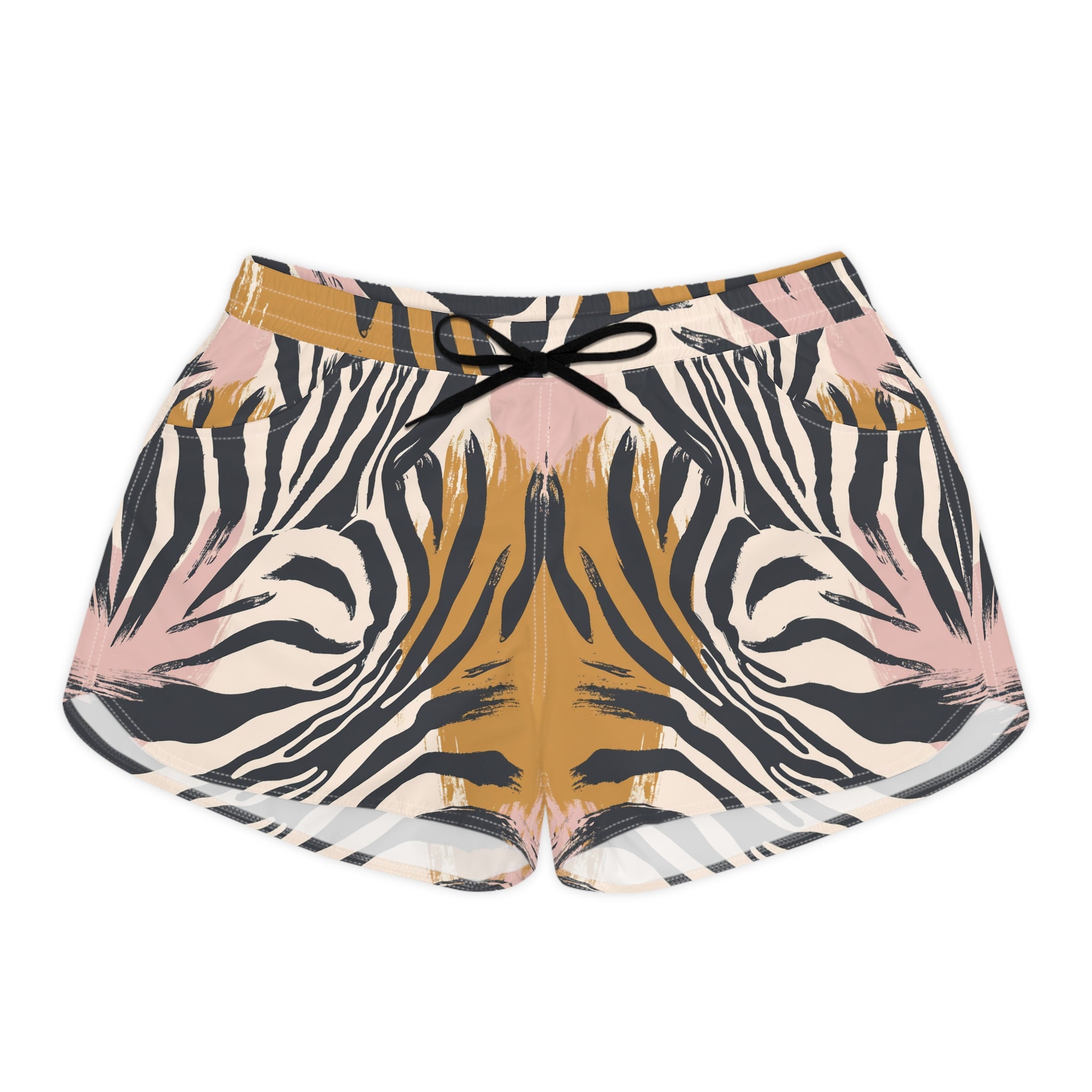 Beige Zebra Jungle Flats Women's Casual Shorts (AOP), Artsulli - Art is Long, Life is Short, All Over Prints, Size, S, Color, Black drawstring, , , 31756956397121226493