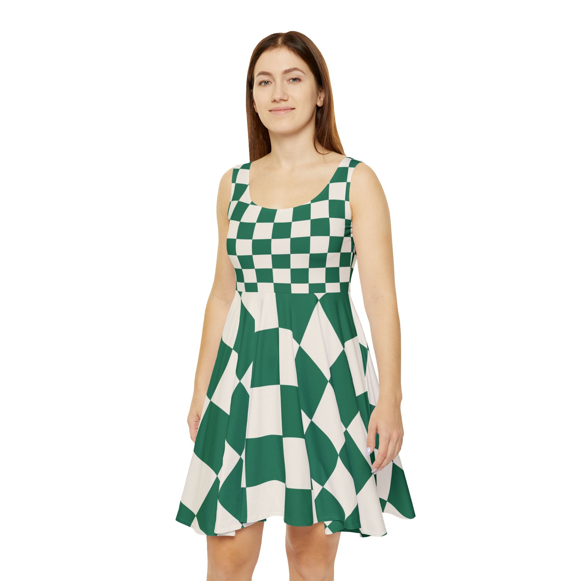 Checkerboard Dark Green Women's Skater Dress (AOP), Artsulli - Art is Long, Life is Short, All Over Prints, , , , , , , 