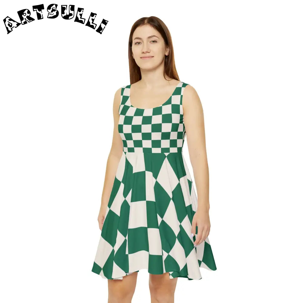 JAKKOUTTHEBXX Checkerboard Dark Green Women’s Skater Dress (AOP)