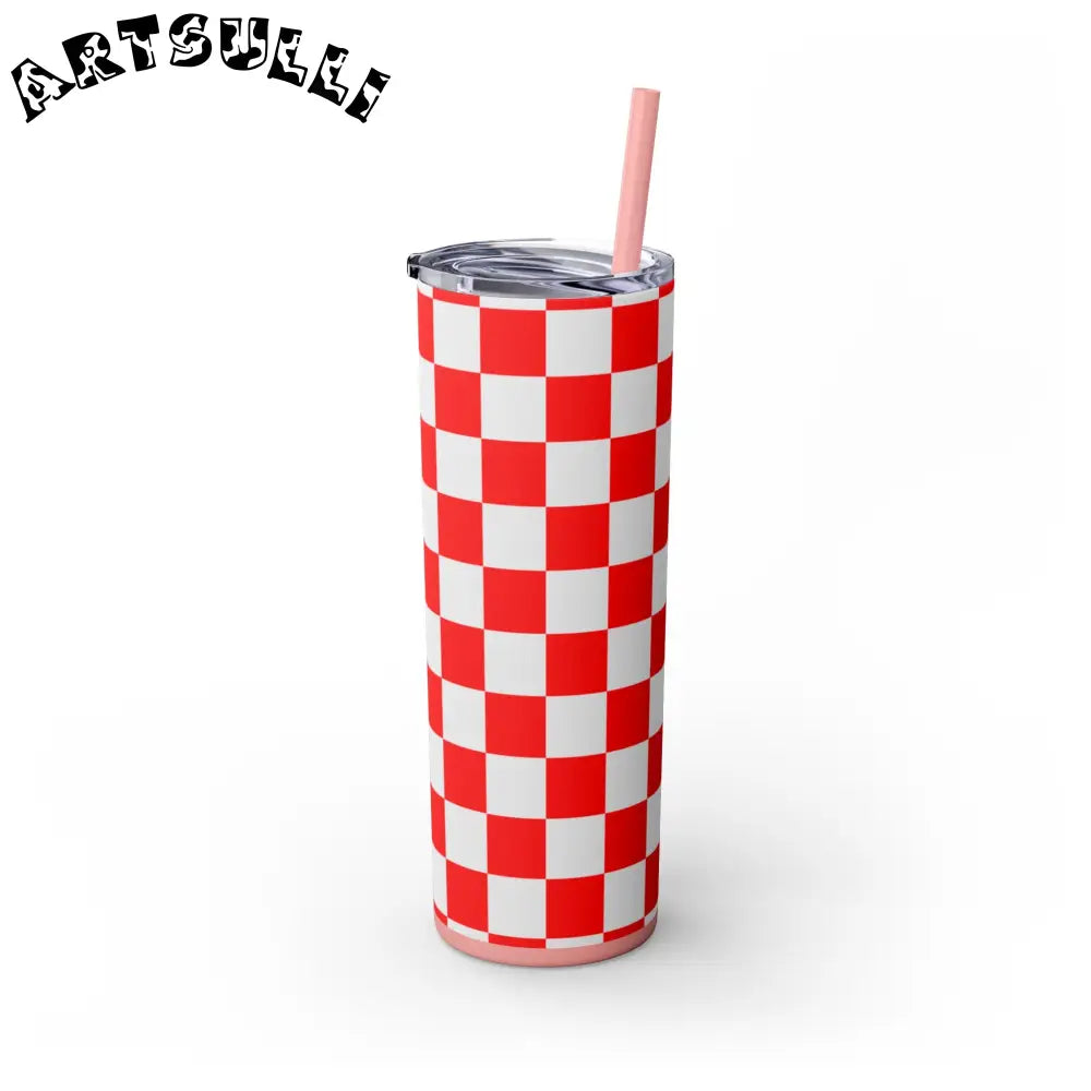 JAKKOUTTHEBXX Checkerboard Red and White Skinny Tumbler with Straw