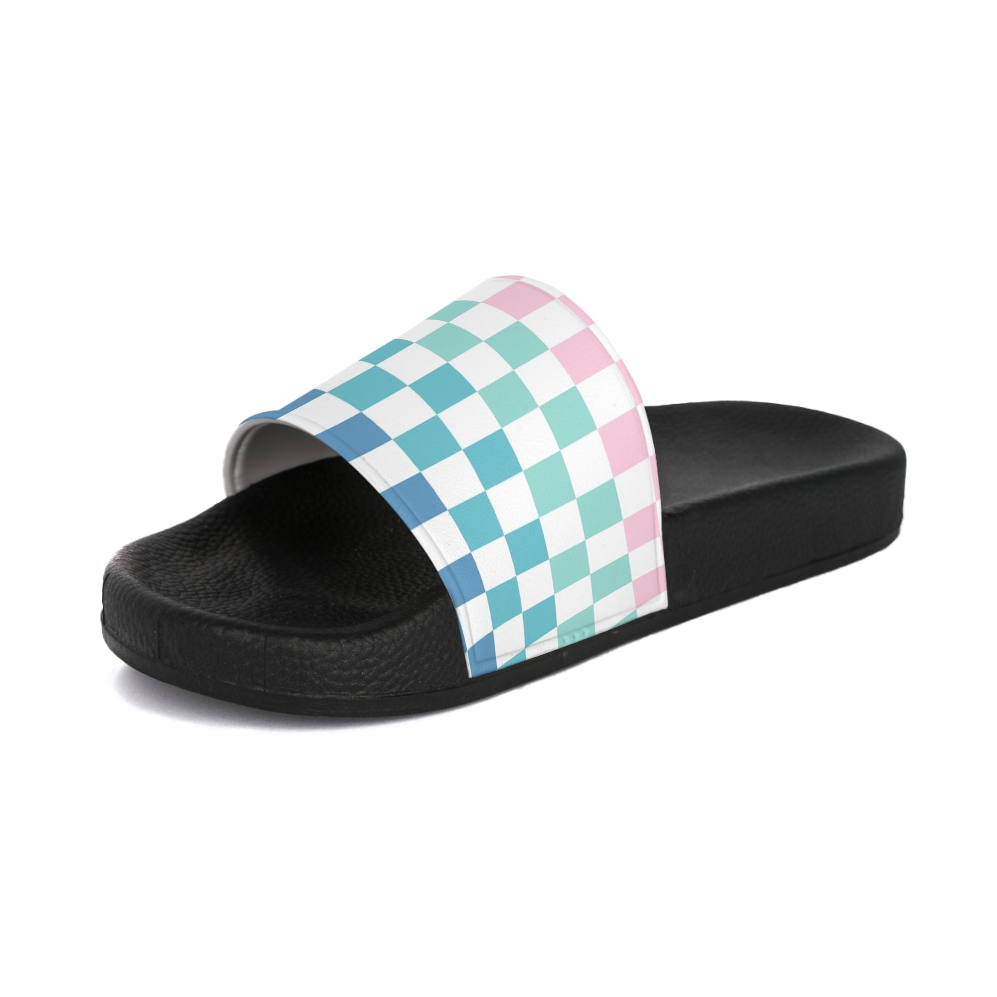 Vaporwave Rainbow  Checkerboard Multi-Color Women's Slide Sandals, Artsulli - Art is Long, Life is Short, Shoes, , , , , , , 