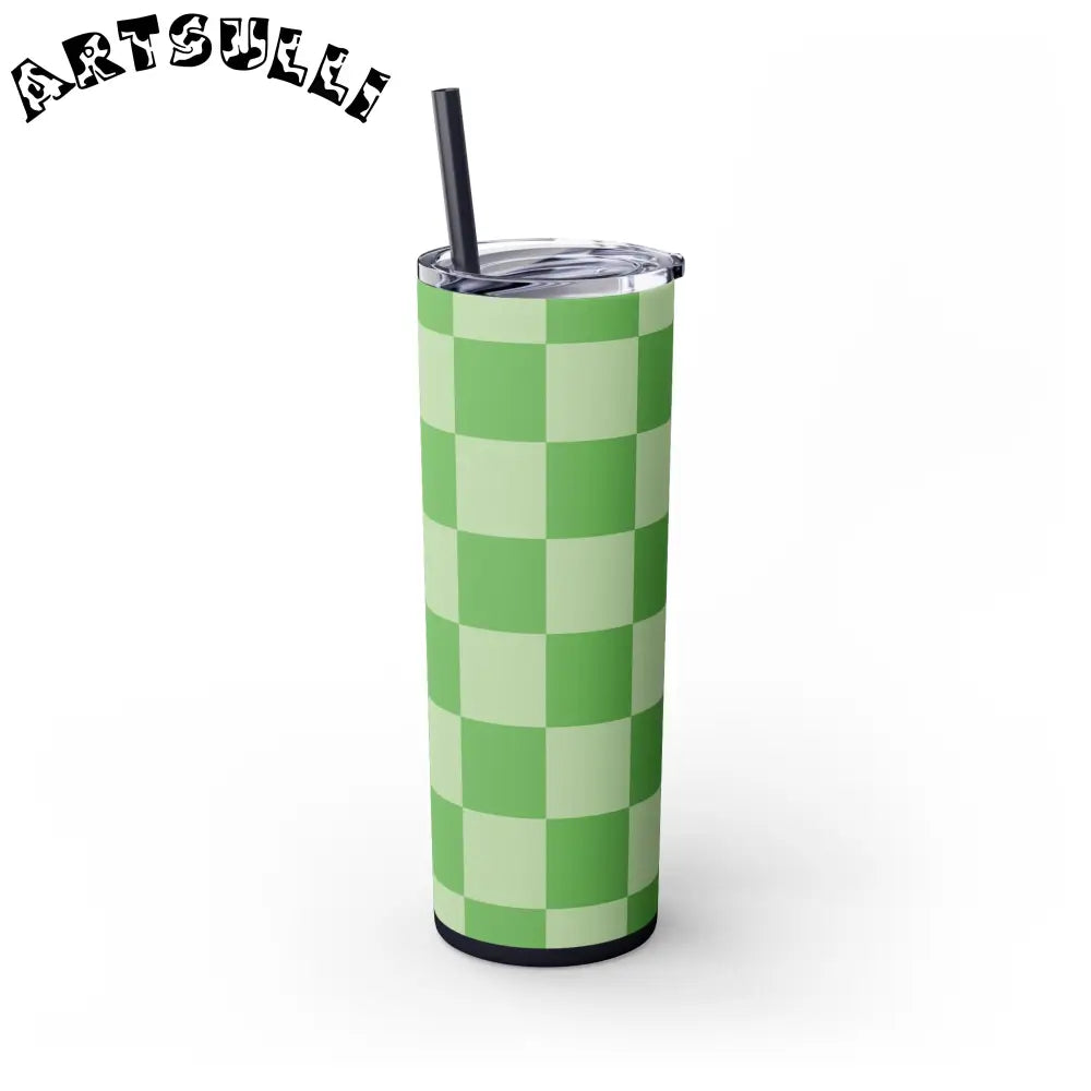 JAKKOUTTHEBXX Checkerboard Green Skinny Tumbler with Straw 20oz