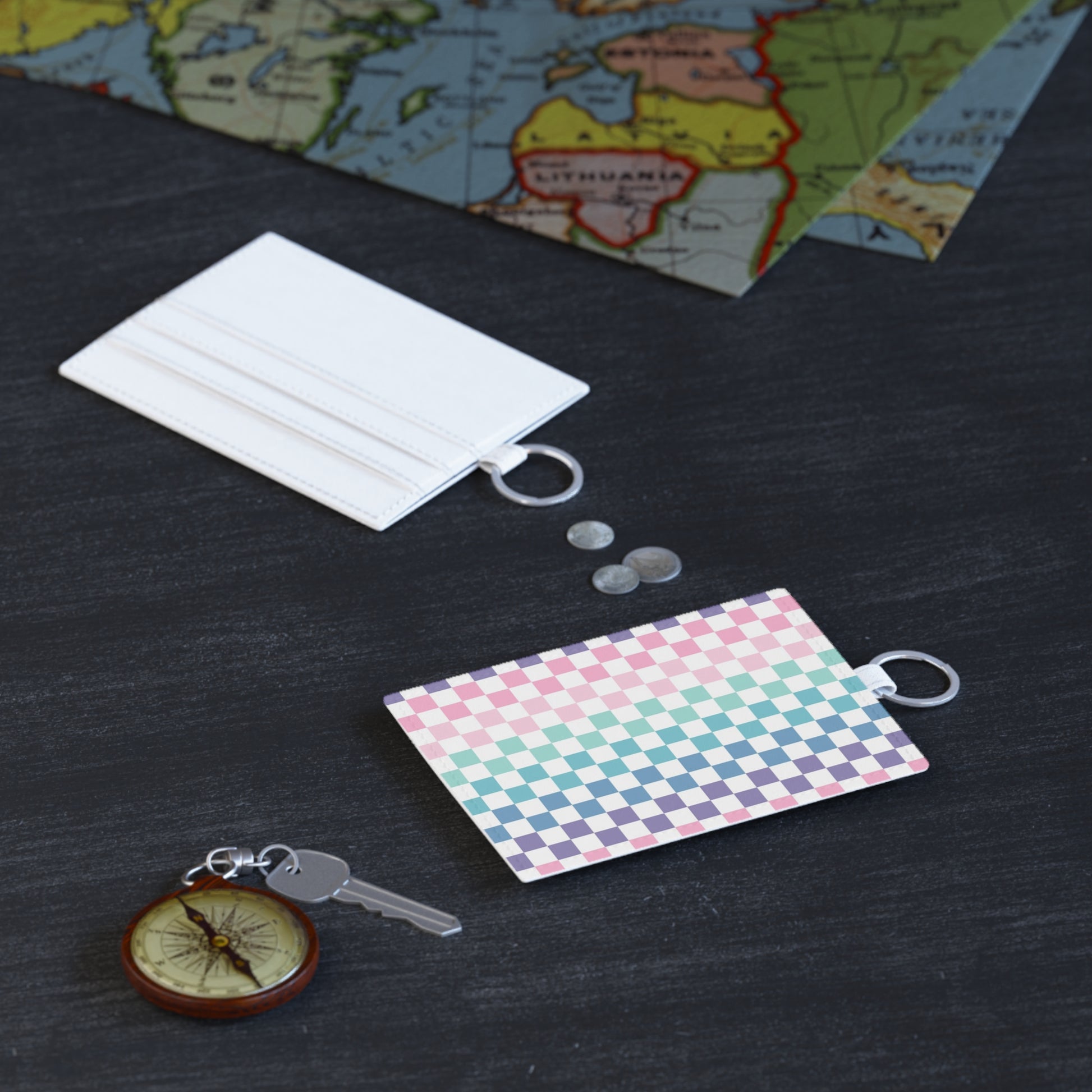 Vaporwave Rainbow  Checkerboard Multi-Color Saffiano Leather Card Holder, Artsulli - Art is Long, Life is Short, Accessories, , , , , , , 