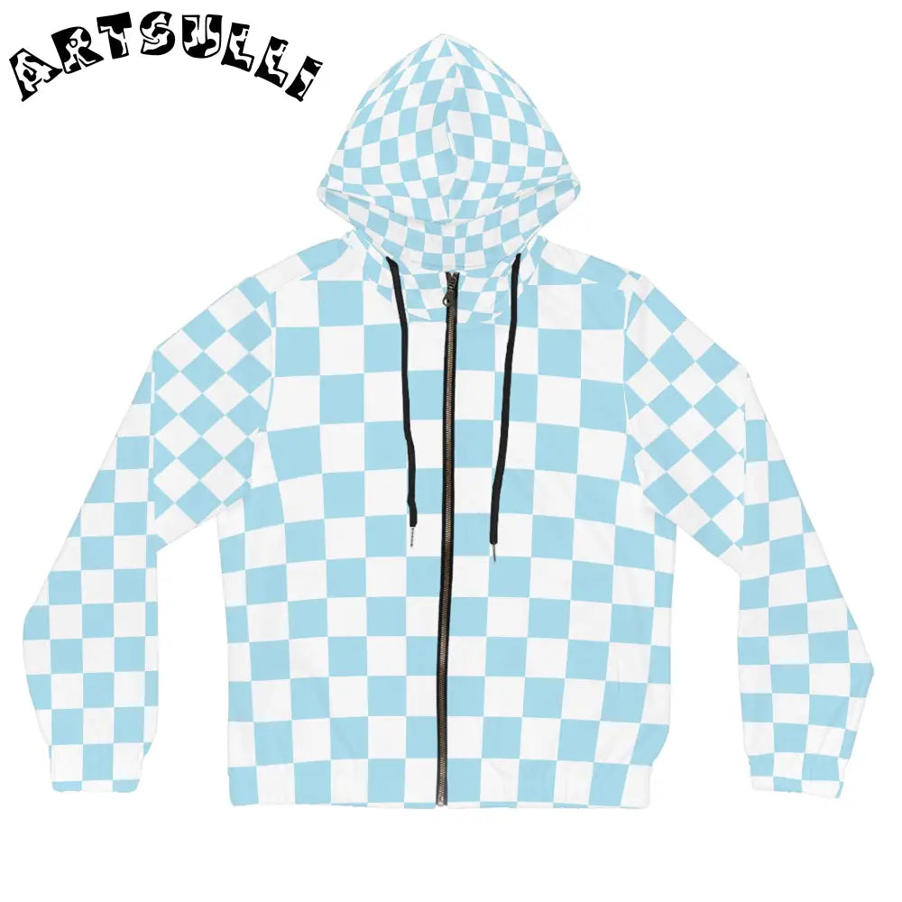 JAKKOUTTHEBXX Checkerboard Sky Blue Women’s Full-Zip Hoodie (AOP)