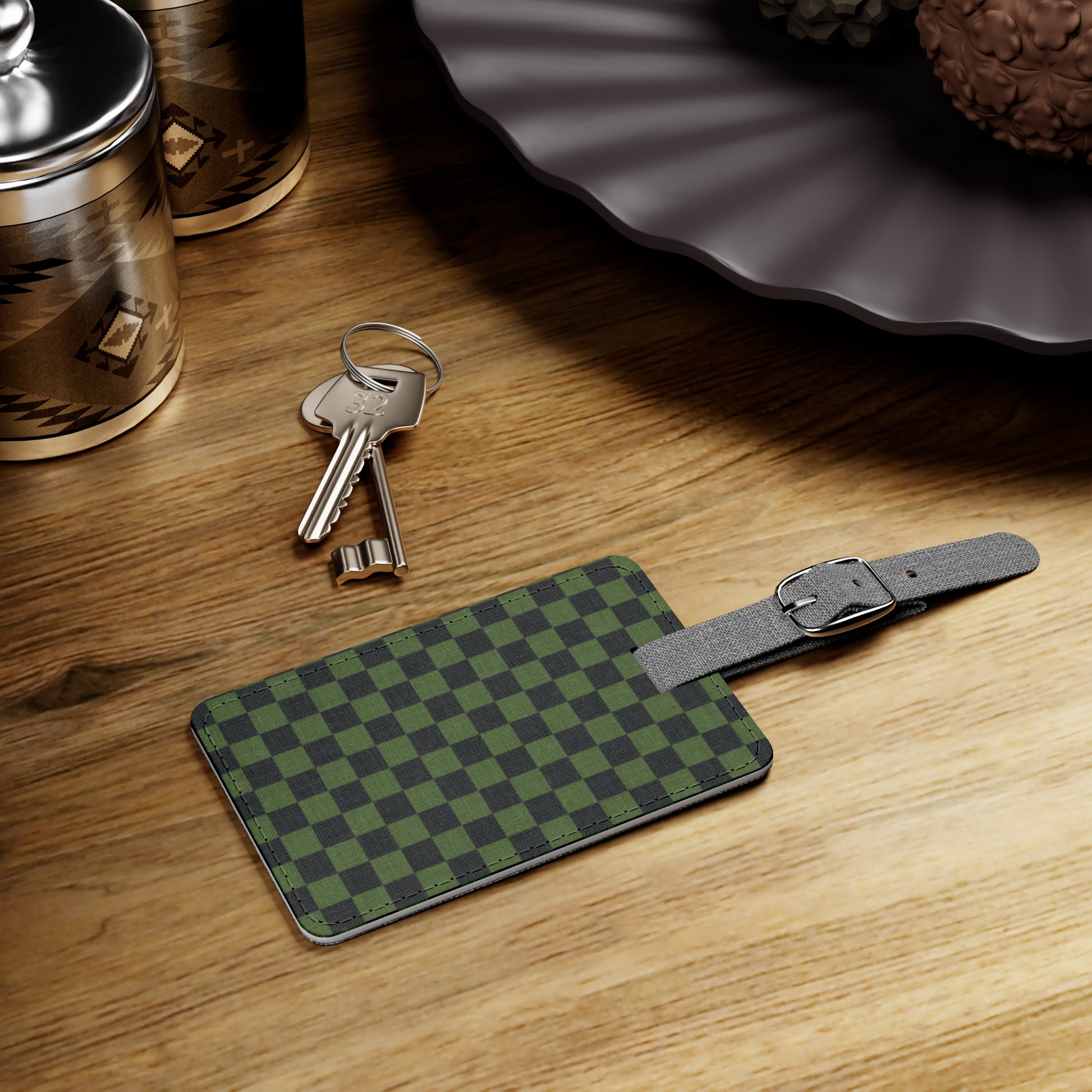 Checkerboard Olive Green and Black Saffiano Polyester Luggage Tag, Rectangle, Artsulli - Art is Long, Life is Short, Accessories, , , , , , , 