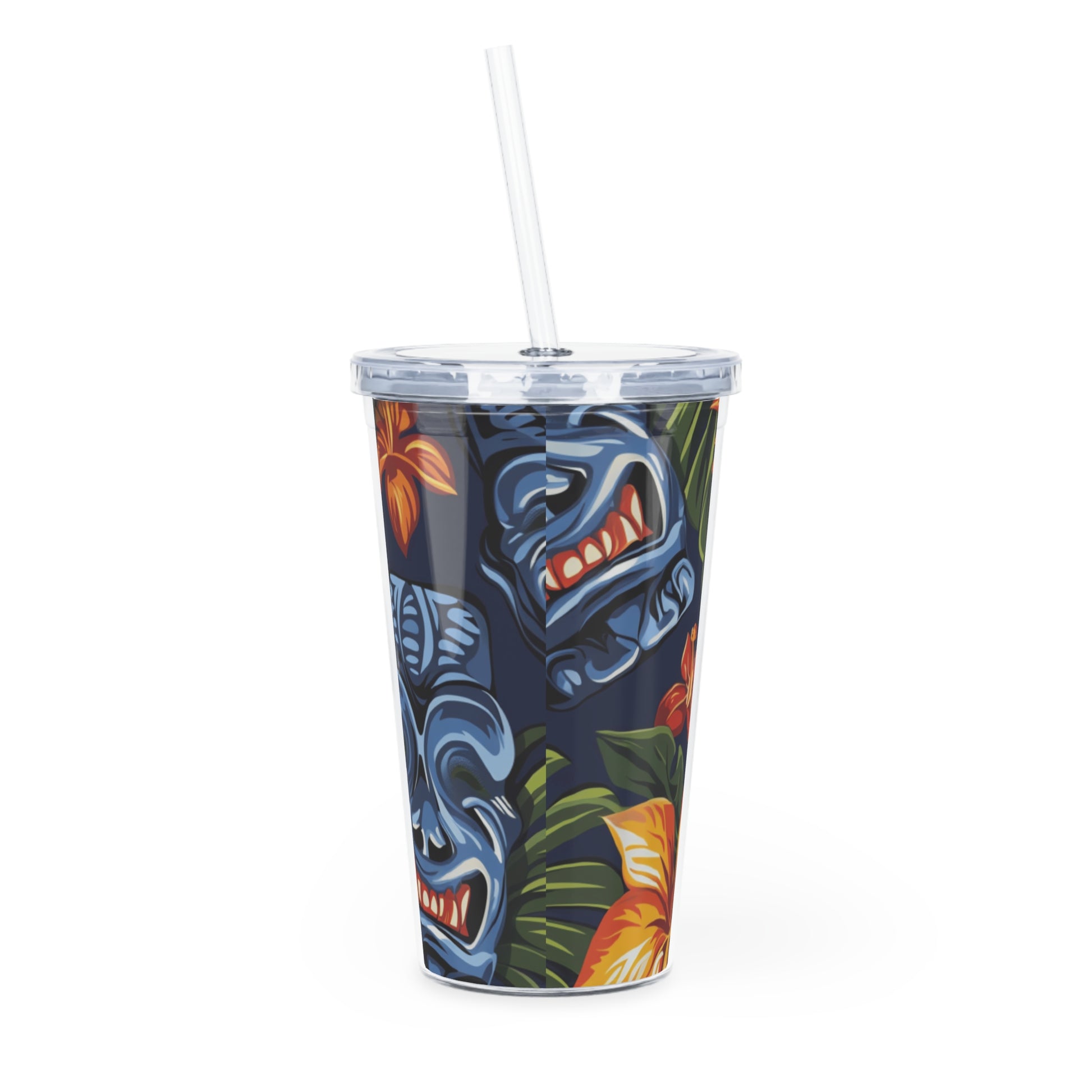 Tiki Bloom Navy Plastic Tumbler with Straw, Artsulli - Art is Long, Life is Short, Mug, , , , , , , 