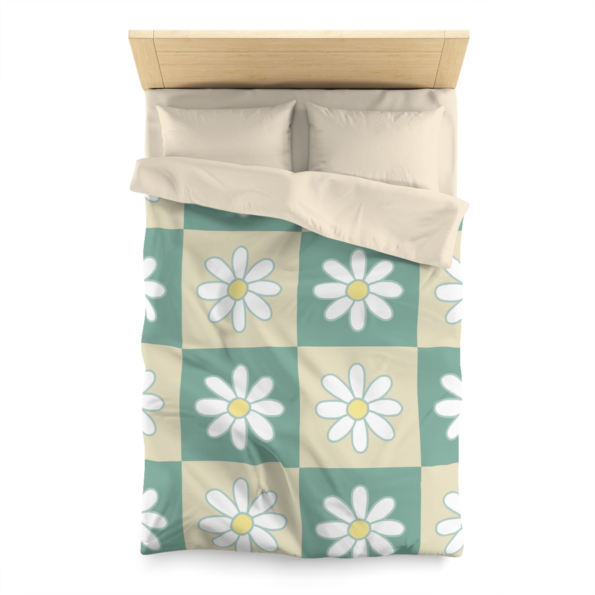 Retro Daisy Checkerboard Green and Tan Microfiber Duvet Cover, Artsulli - Art is Long, Life is Short, Home Decor, , , , , , , 