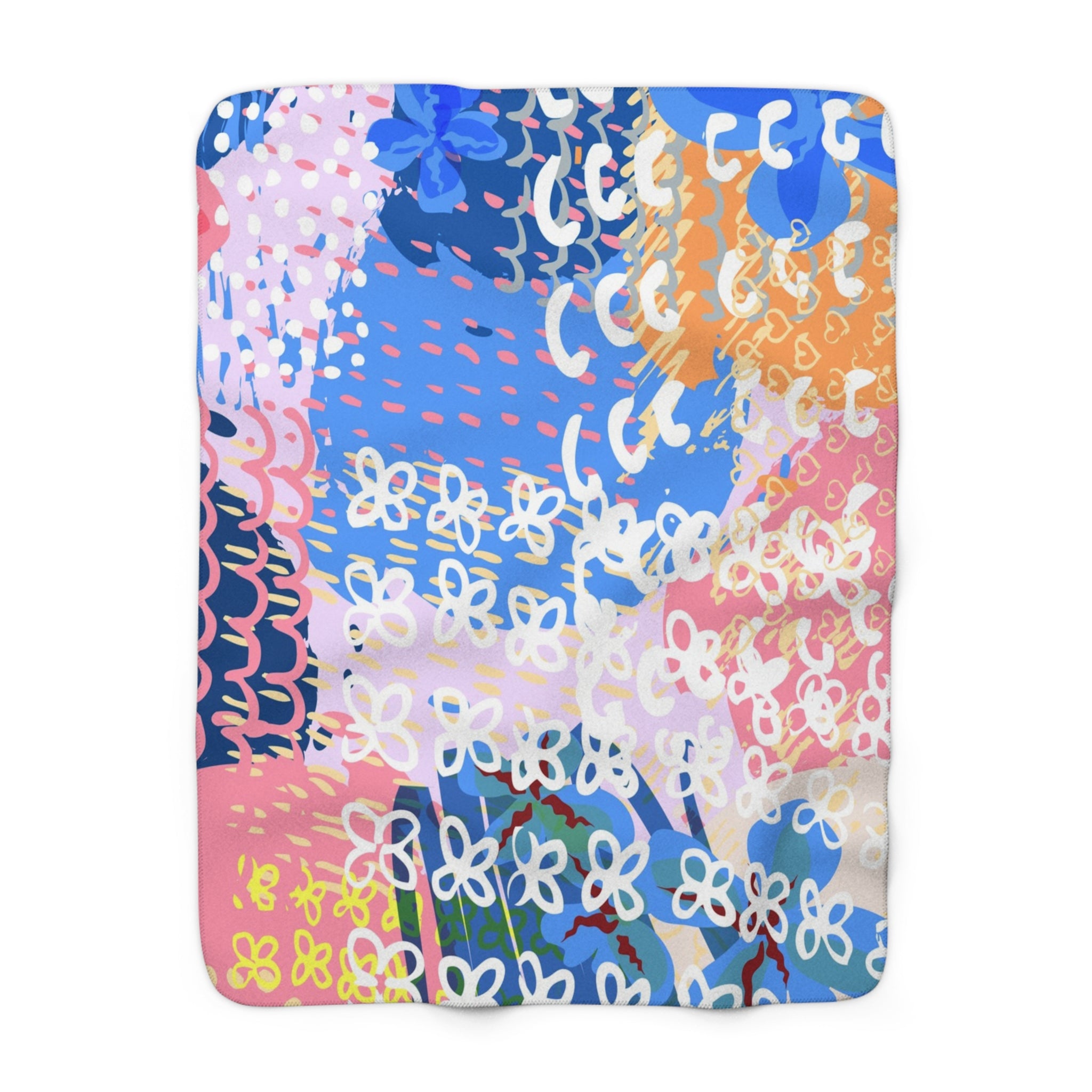 Flowers x Doodles x Hearts Multi-Color Sherpa Fleece Blanket, Artsulli - Art is Long, Life is Short, Home Decor, Size, 50" × 60", , , , , 47763254001350907636